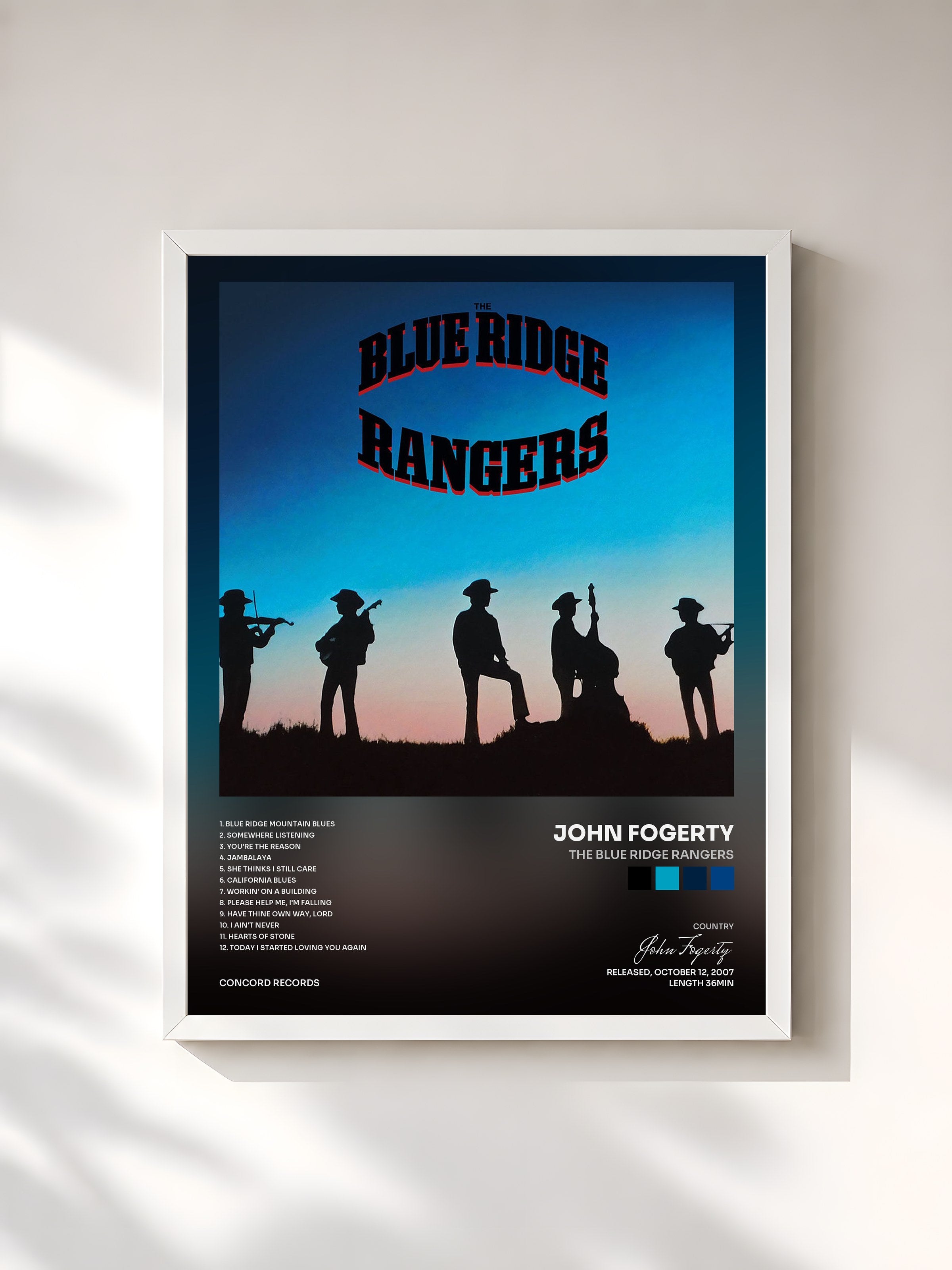 #blanc Tableau de l'album The Blue Ridge Rangers de John Fogerty, cadre blanc, imprimé et encadré en France