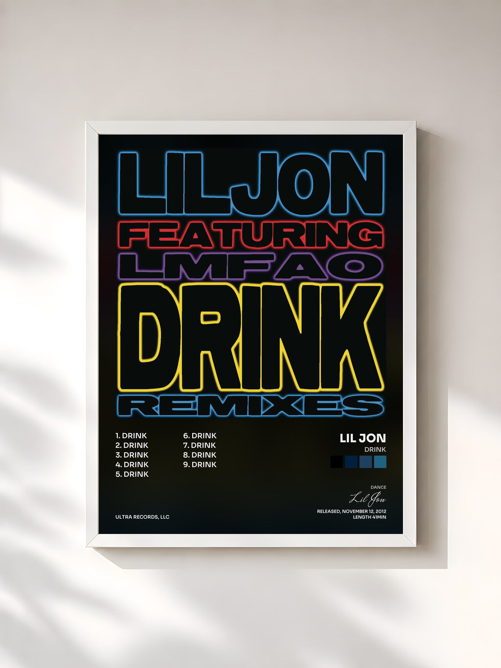 #blanc Tableau de l'album Drink de Lil Jon, cadre blanc, imprimé et encadré en France