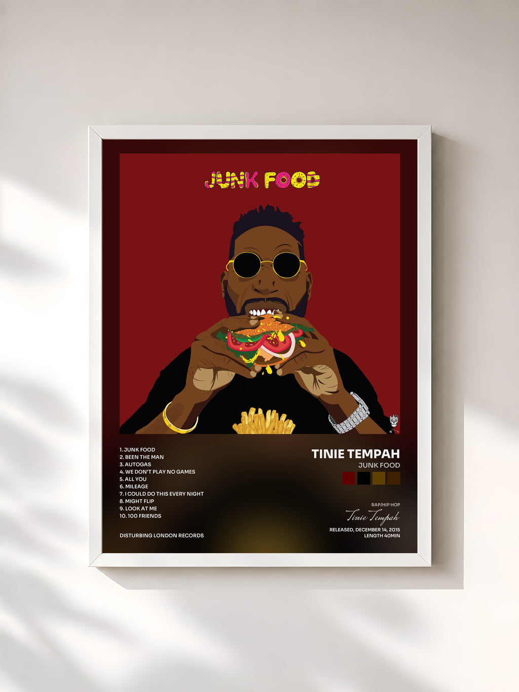 #blanc Tableau de l'album Junk Food de Tinie Tempah, cadre blanc, imprimé et encadré en France