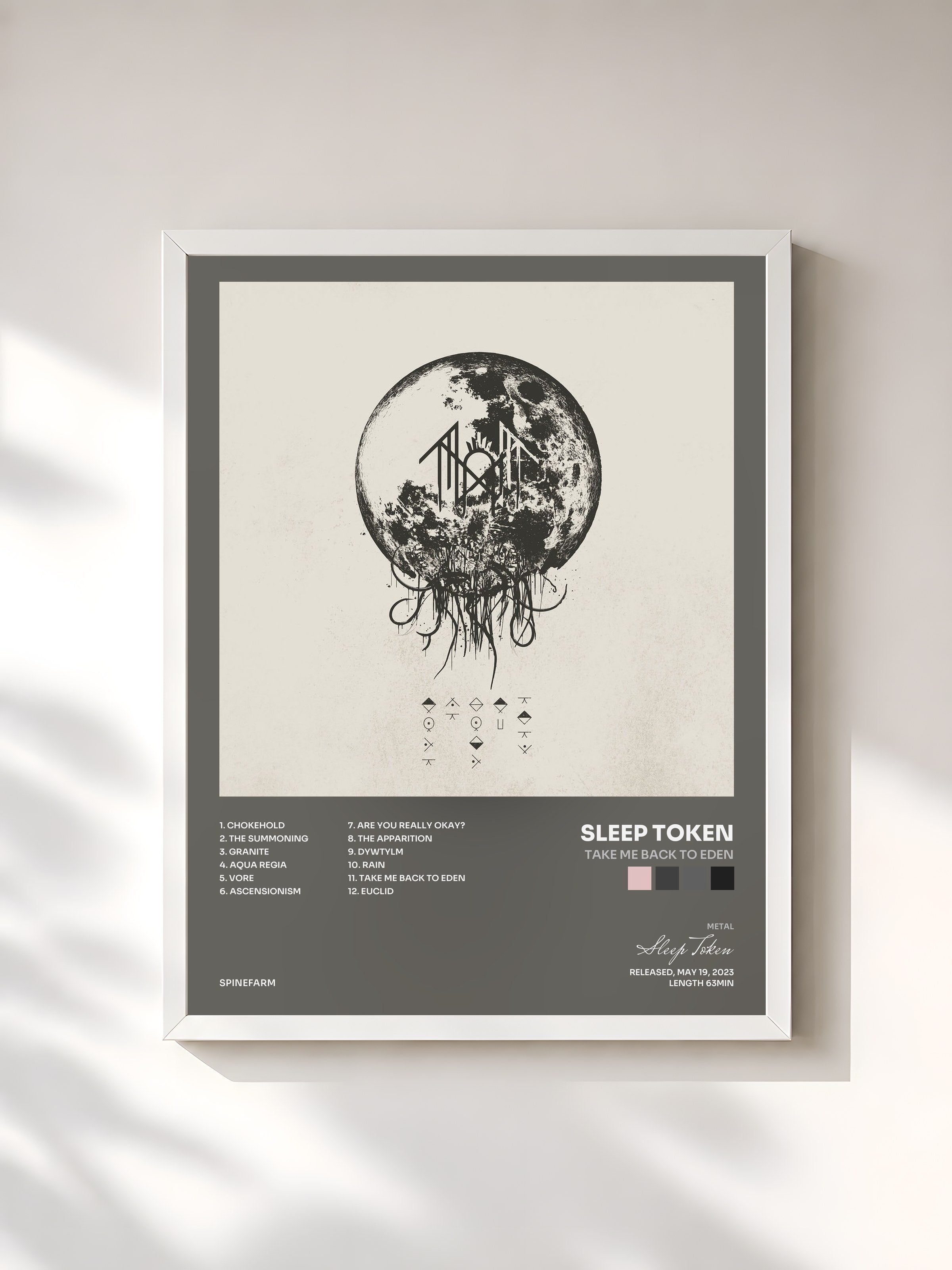 #blanc Tableau de l'album Take Me Back To Eden de Sleep Token, cadre blanc, imprimé et encadré en France