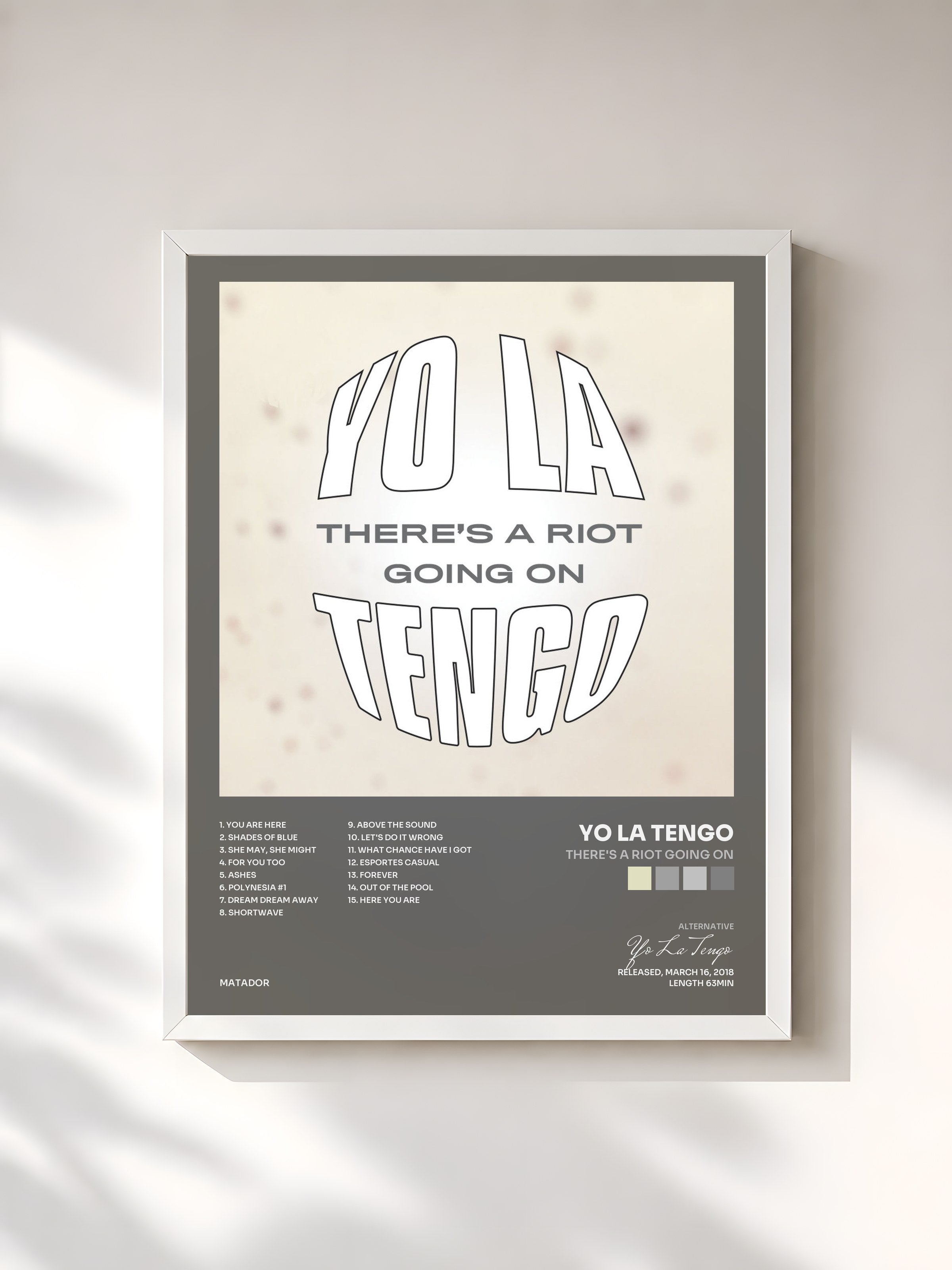 #blanc Tableau de l'album There's A Riot Going On de Yo La Tengo, cadre blanc, imprimé et encadré en France