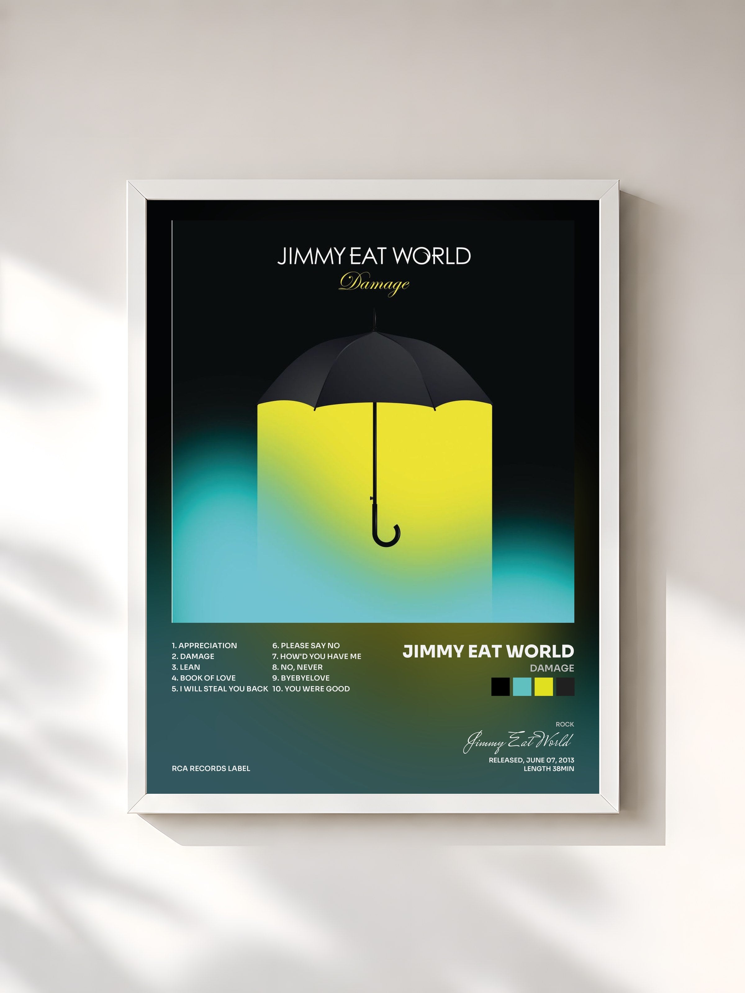 #blanc Tableau de l'album Damage de Jimmy Eat World, cadre blanc, imprimé et encadré en France
