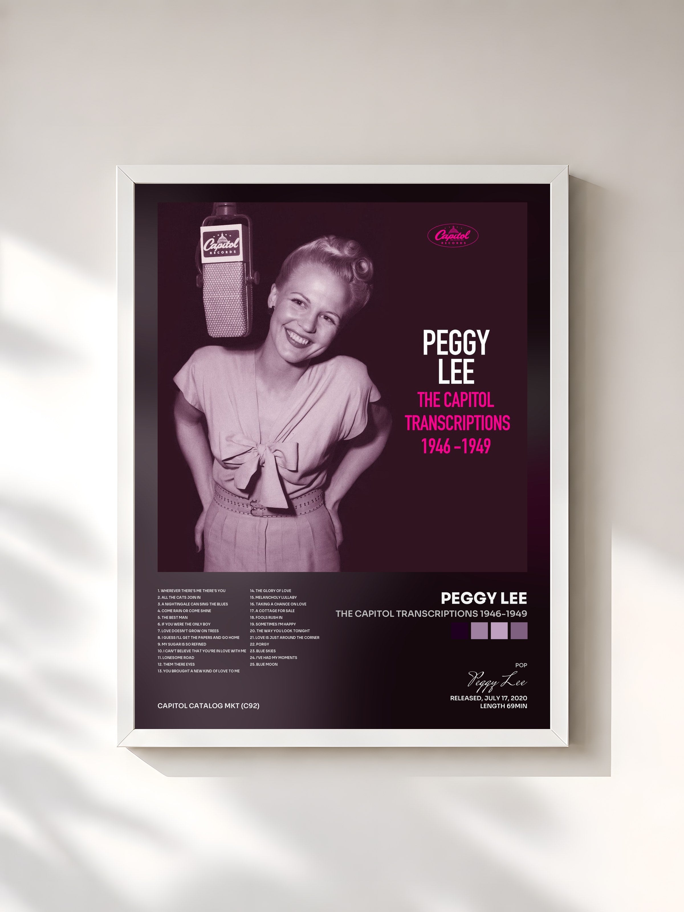 #blanc Tableau de l'album The Capitol Transcriptions 1946-1949 de Peggy Lee, cadre blanc, imprimé et encadré en France