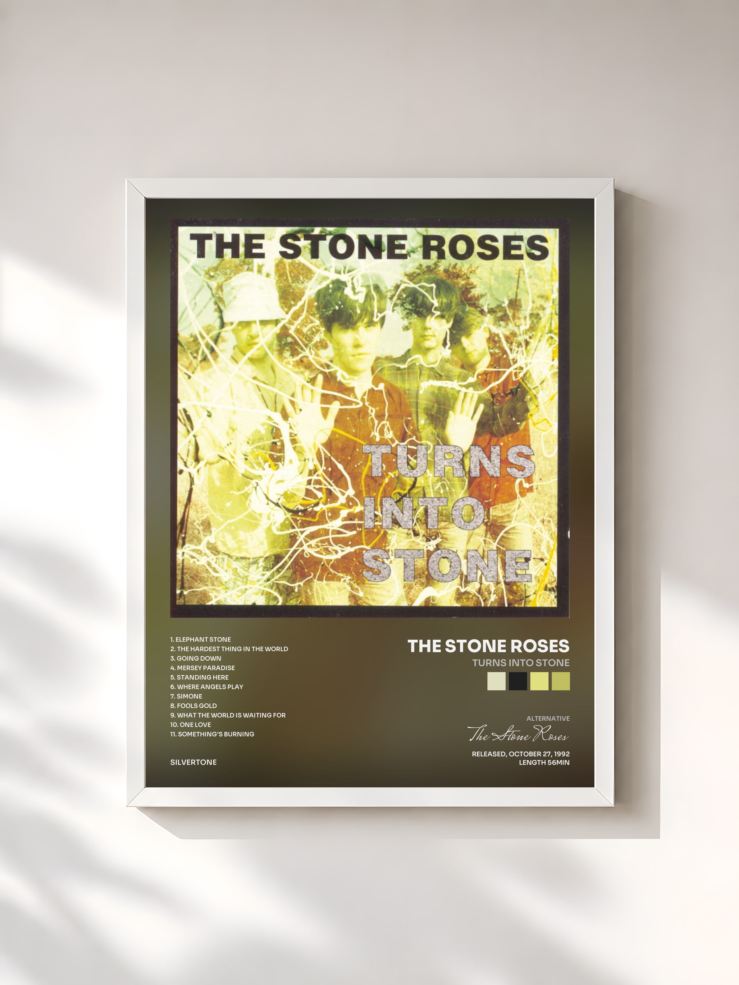 #blanc Tableau de l'album Turns Into Stone de The Stone Roses, cadre blanc, imprimé et encadré en France