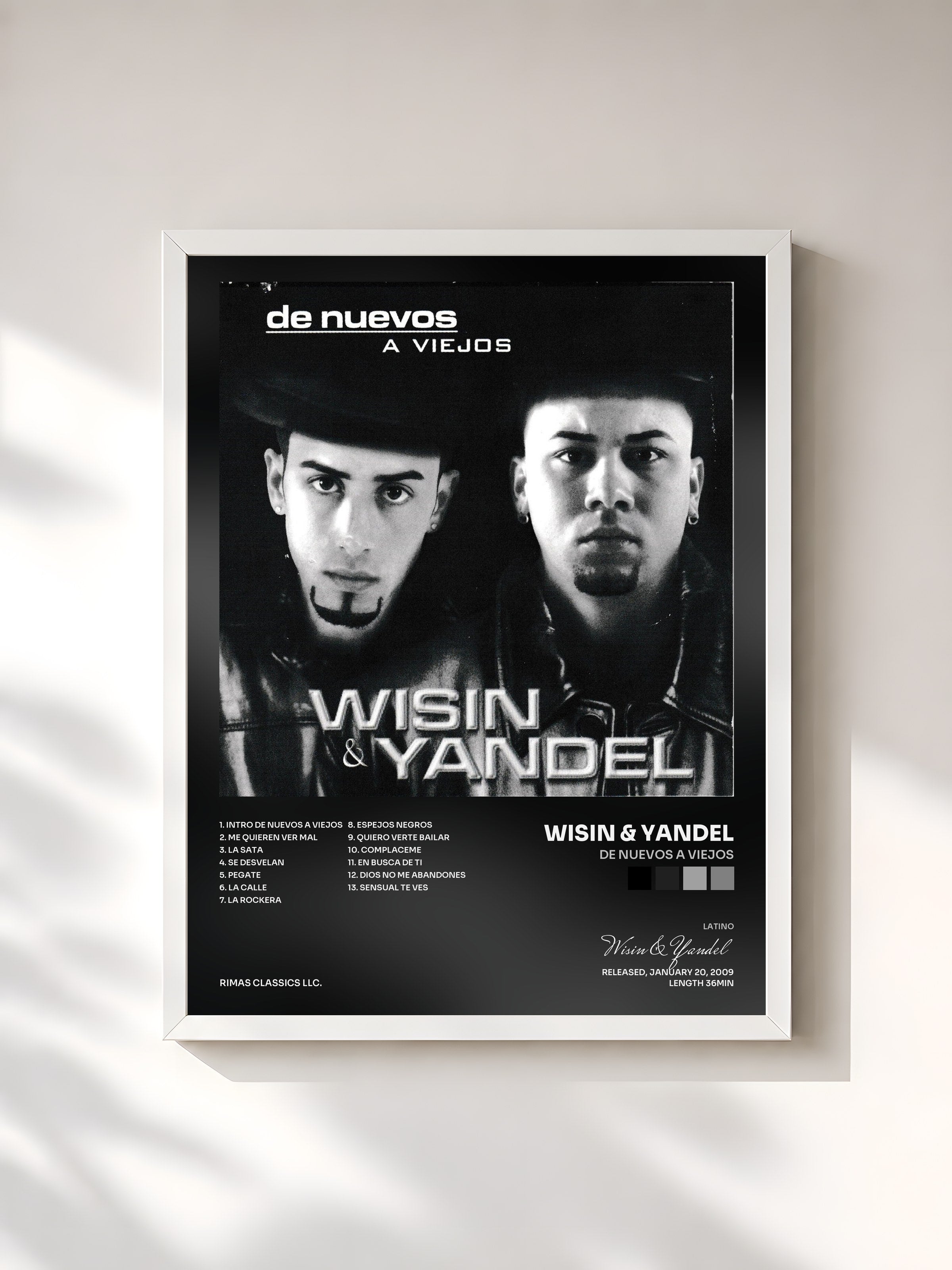 #blanc Tableau de l'album De Nuevos a Viejos de Wisin & Yandel, cadre blanc, imprimé et encadré en France