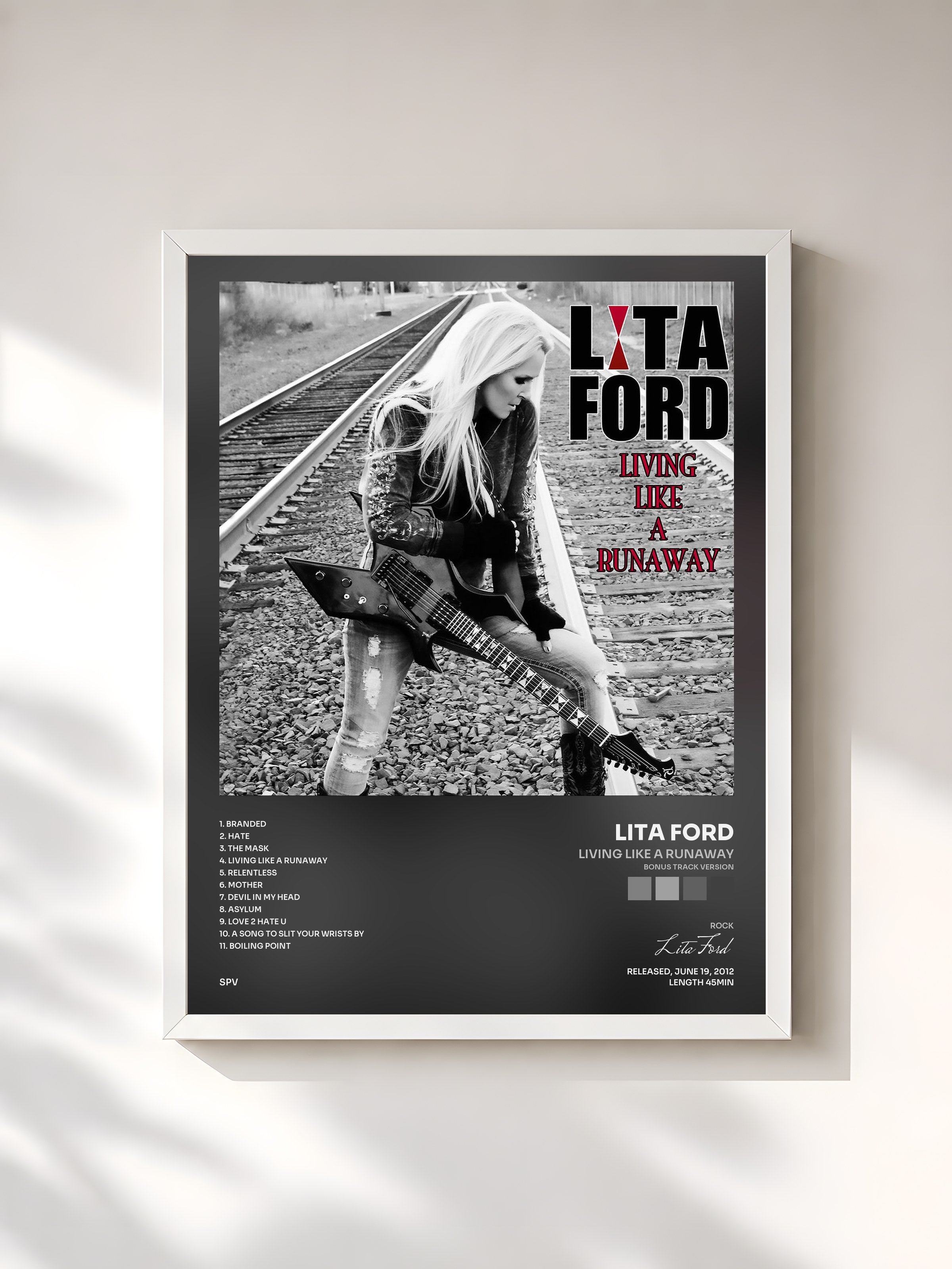 #blanc Tableau de l'album Living Like a Runaway (Bonus Track Version) de Lita Ford, cadre blanc, imprimé et encadré en France