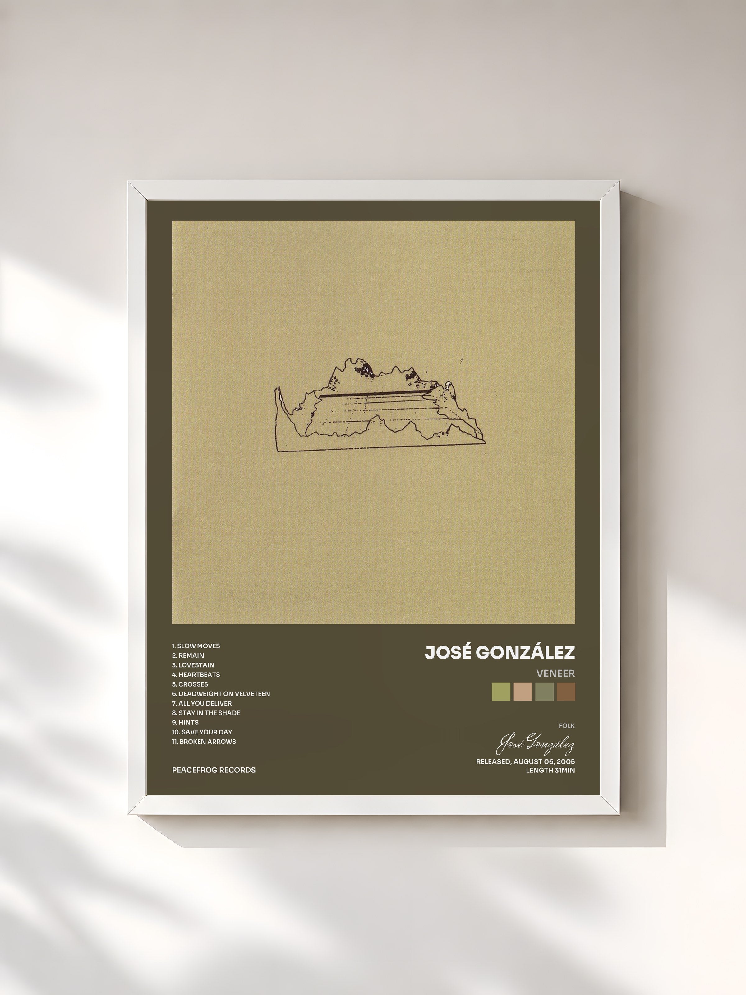 #blanc Tableau de l'album Veneer de José González, cadre blanc, imprimé et encadré en France