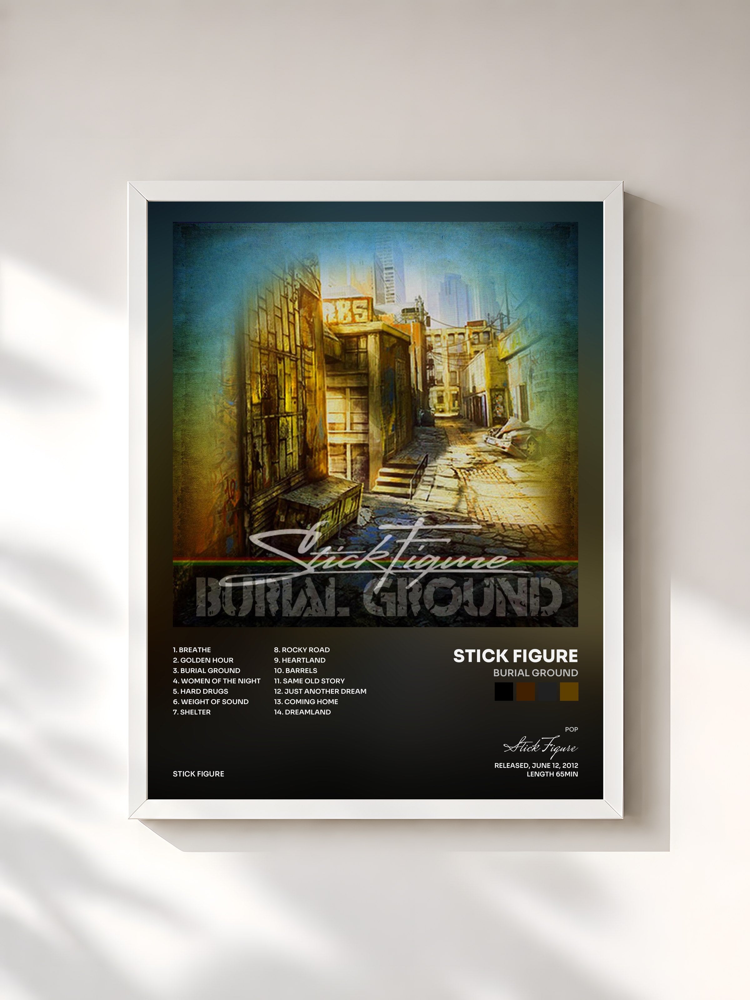 #blanc Tableau de l'album Burial Ground de Stick Figure, cadre blanc, imprimé et encadré en France