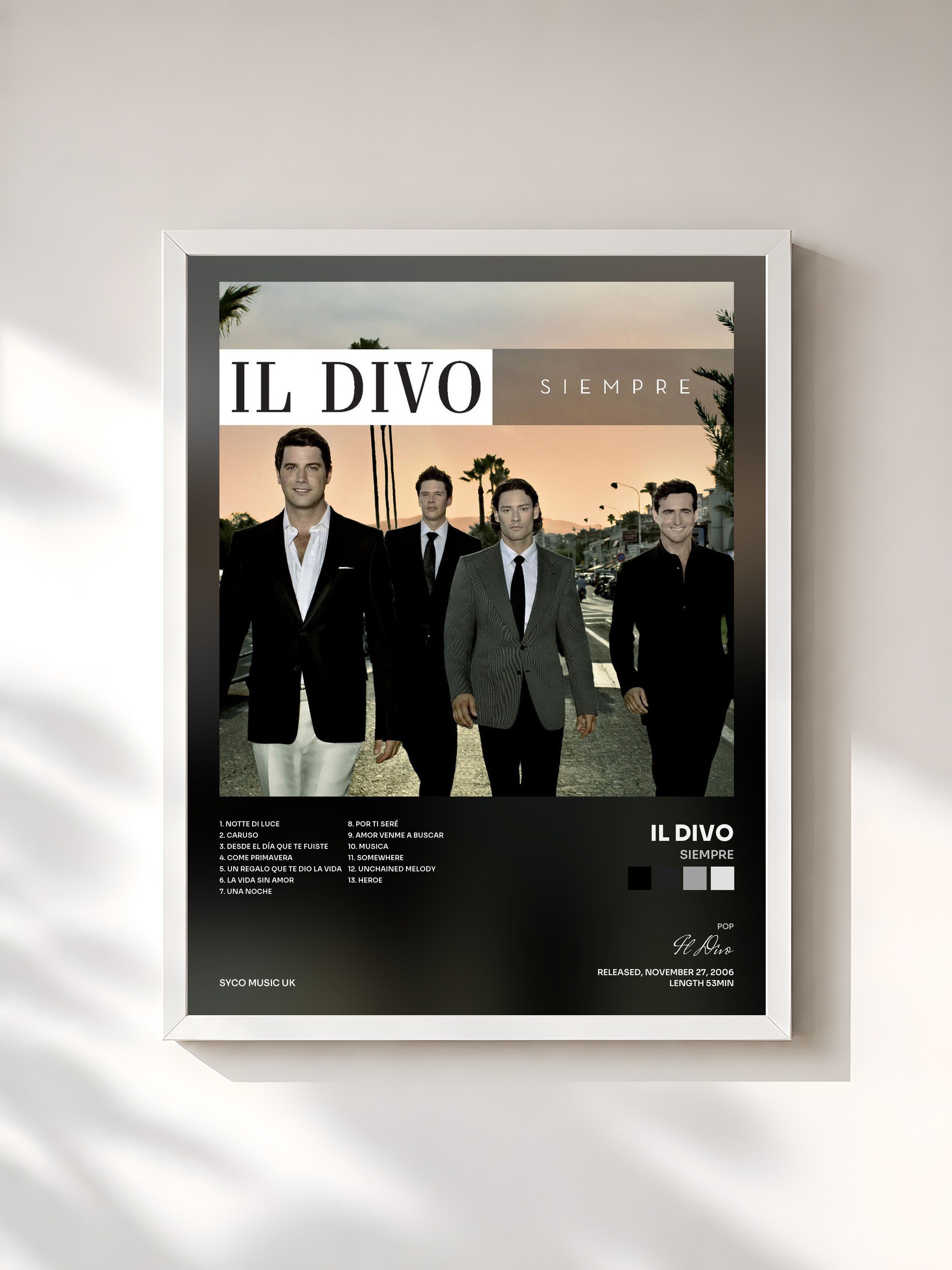 #blanc Tableau de l'album Siempre de Il Divo, cadre blanc, imprimé et encadré en France