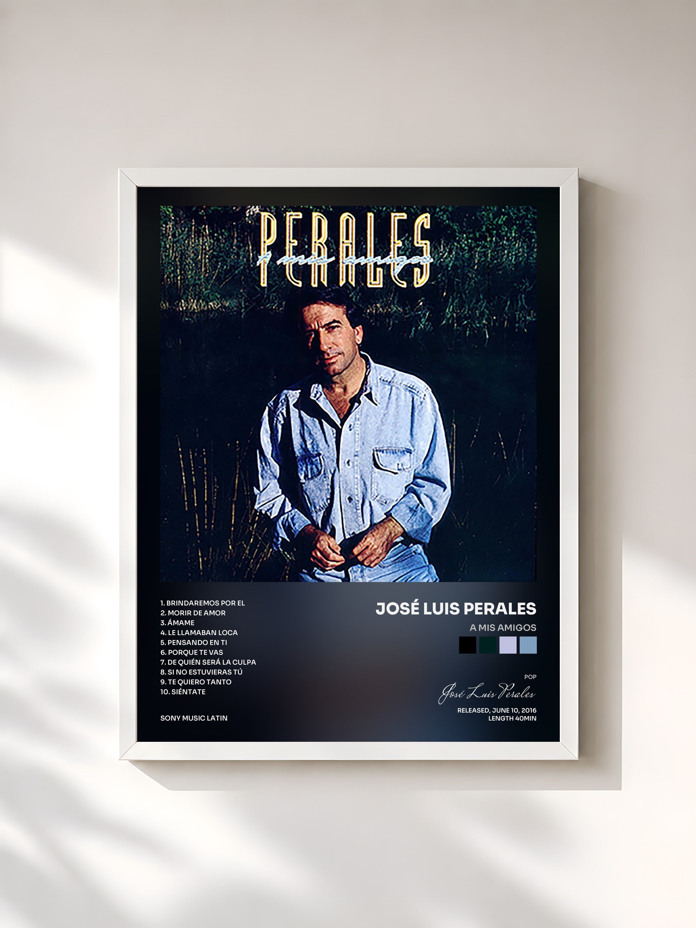 #blanc Tableau de l'album A Mis Amigos de José Luis Perales, cadre blanc, imprimé et encadré en France