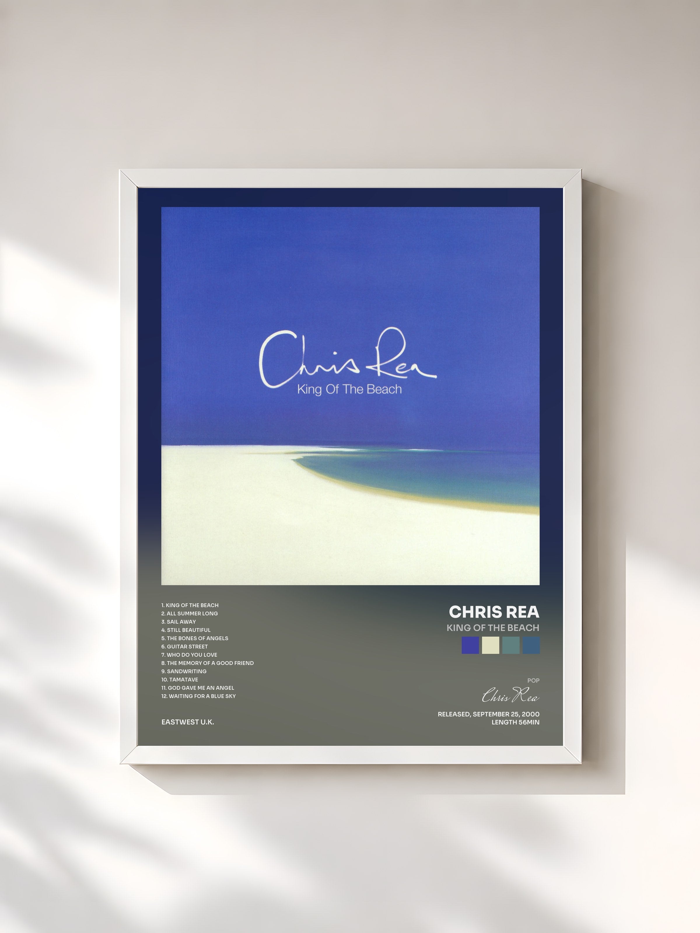 #blanc Tableau de l'album King of the Beach de Chris Rea, cadre blanc, imprimé et encadré en France