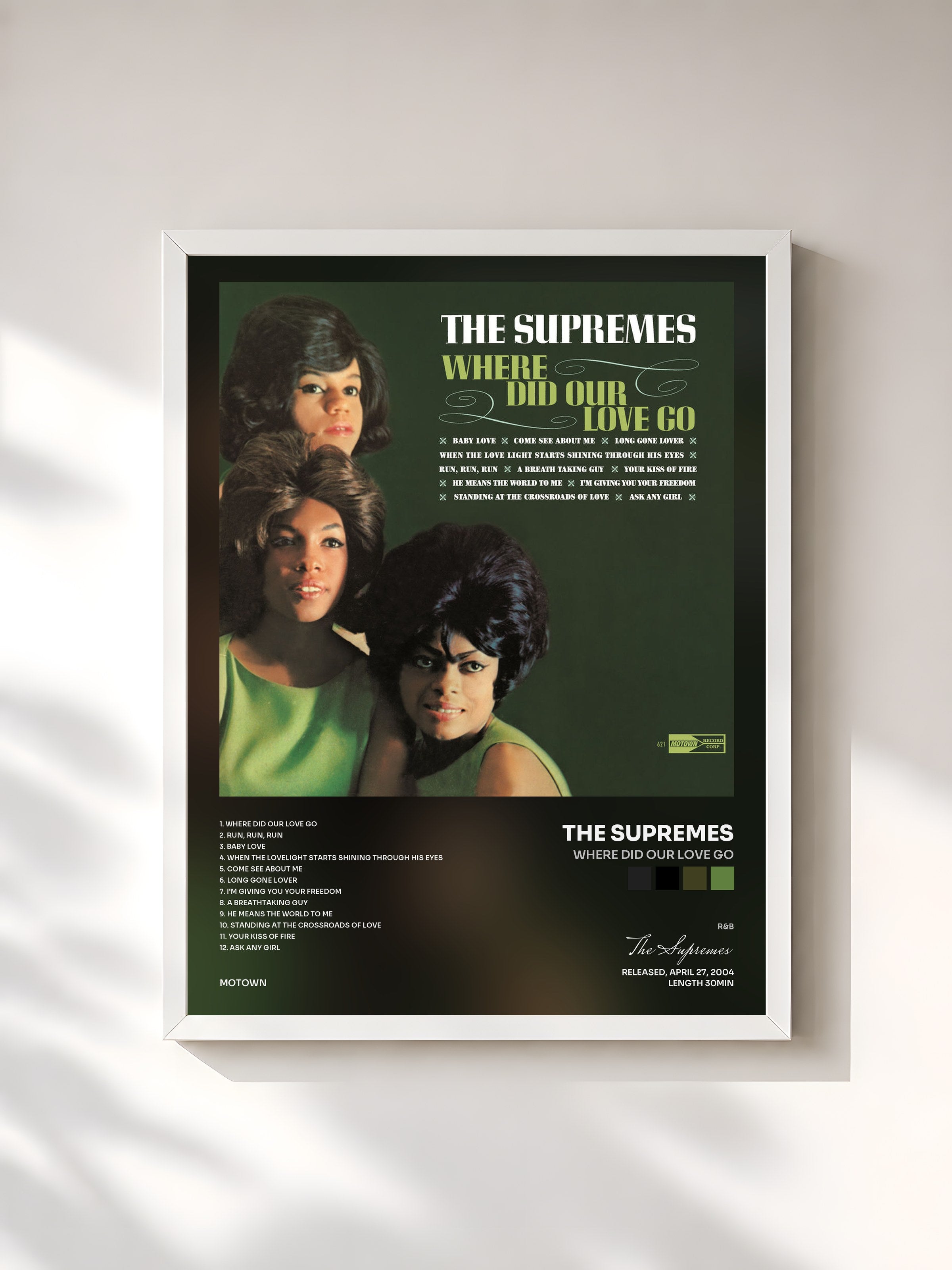 #blanc Tableau de l'album Where Did Our Love Go de The Supremes, cadre blanc, imprimé et encadré en France