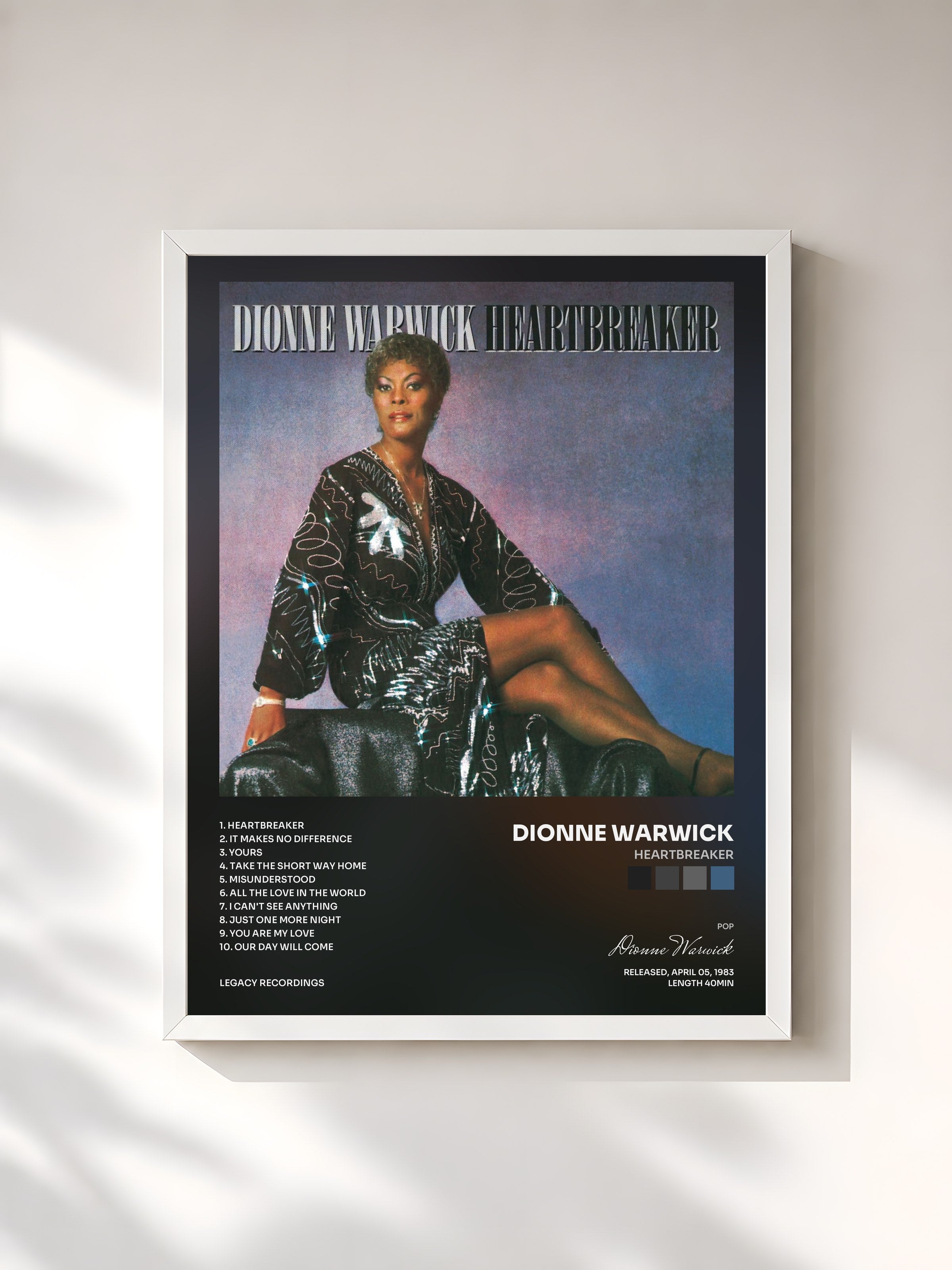 #blanc Tableau de l'album Heartbreaker de Dionne Warwick, cadre blanc, imprimé et encadré en France