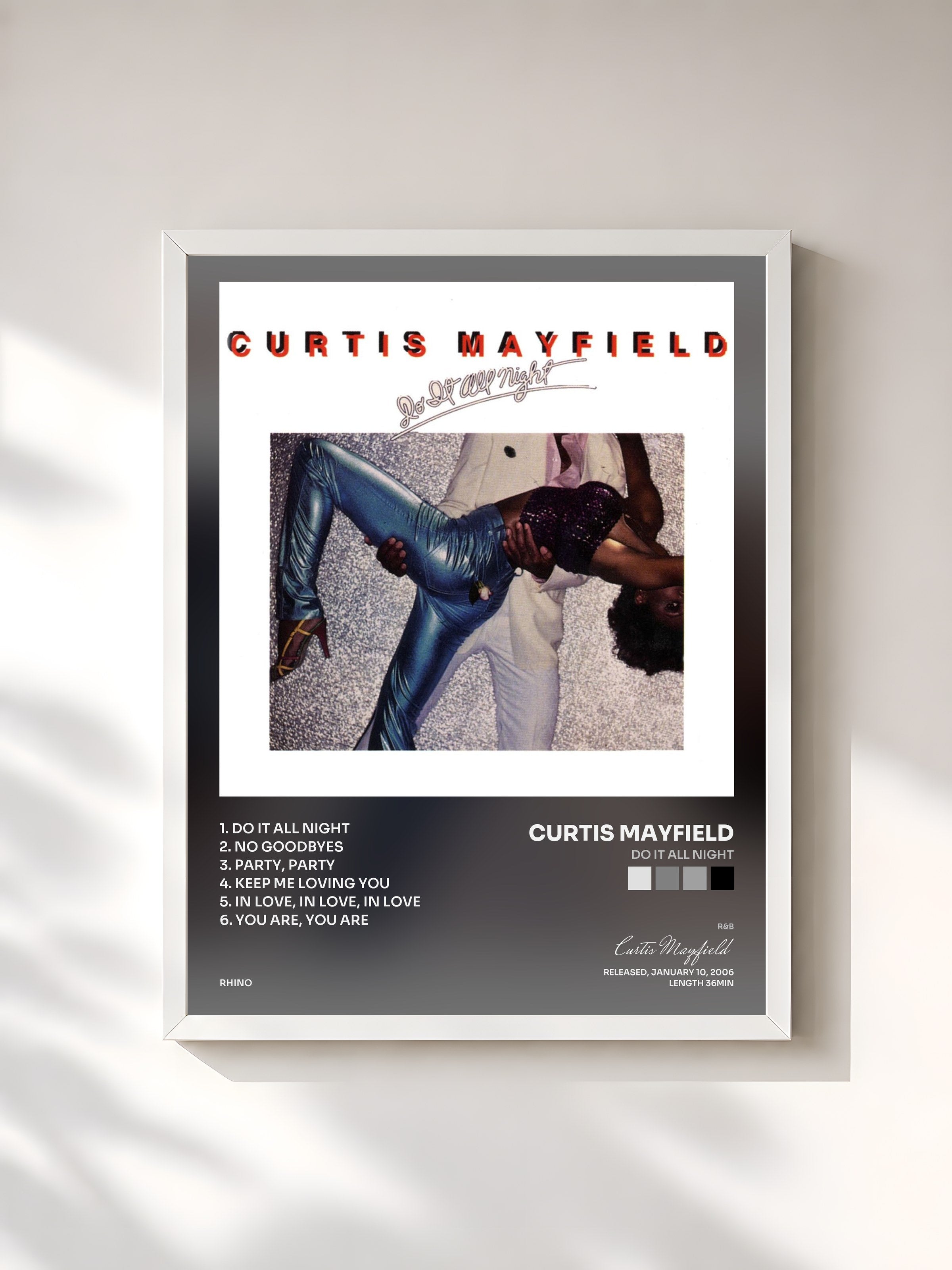 #blanc Tableau de l'album Do It All Night de Curtis Mayfield, cadre blanc, imprimé et encadré en France