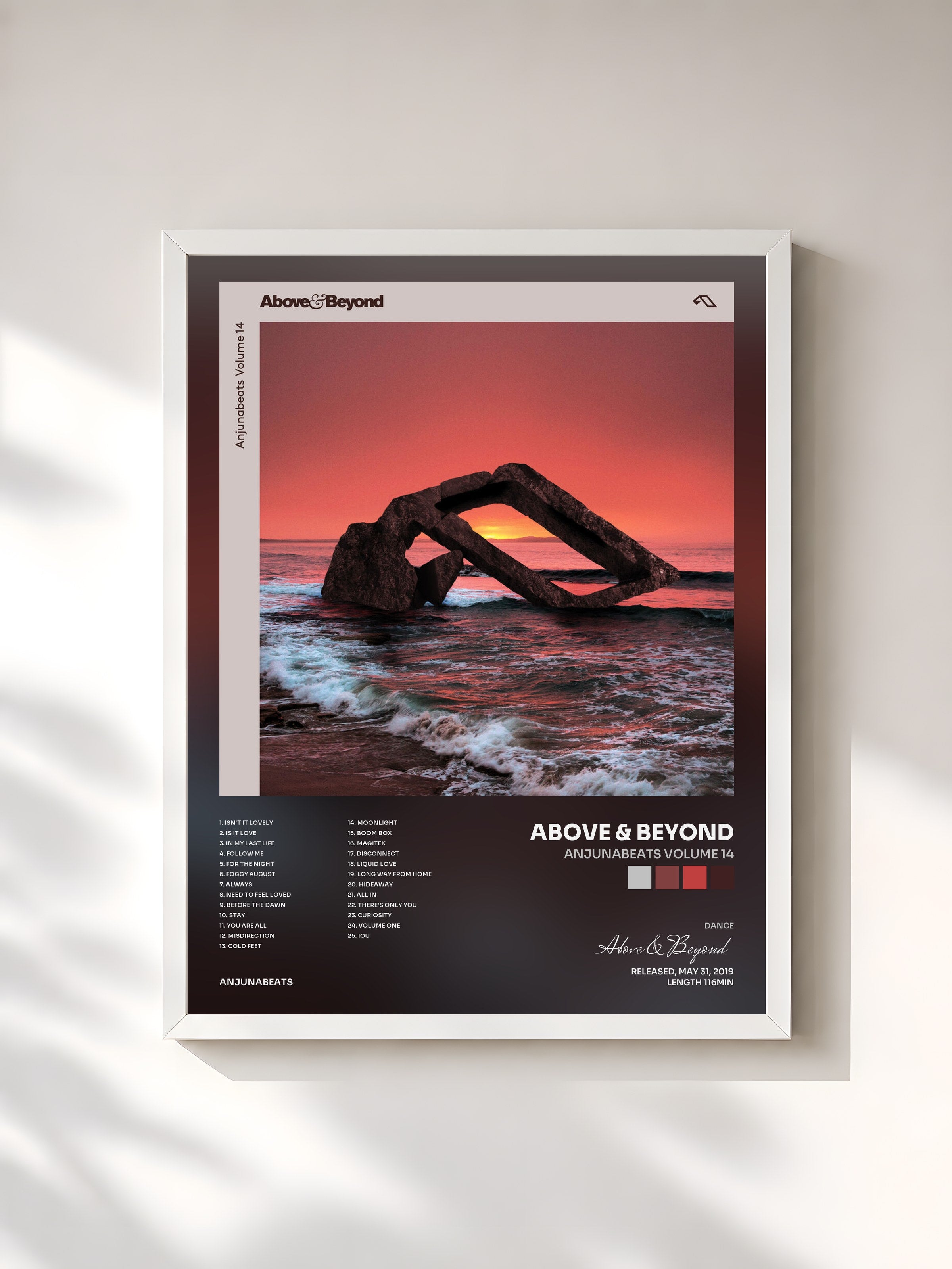 #blanc Tableau de l'album Anjunabeats Volume 14 de Above & Beyond, cadre blanc, imprimé et encadré en France