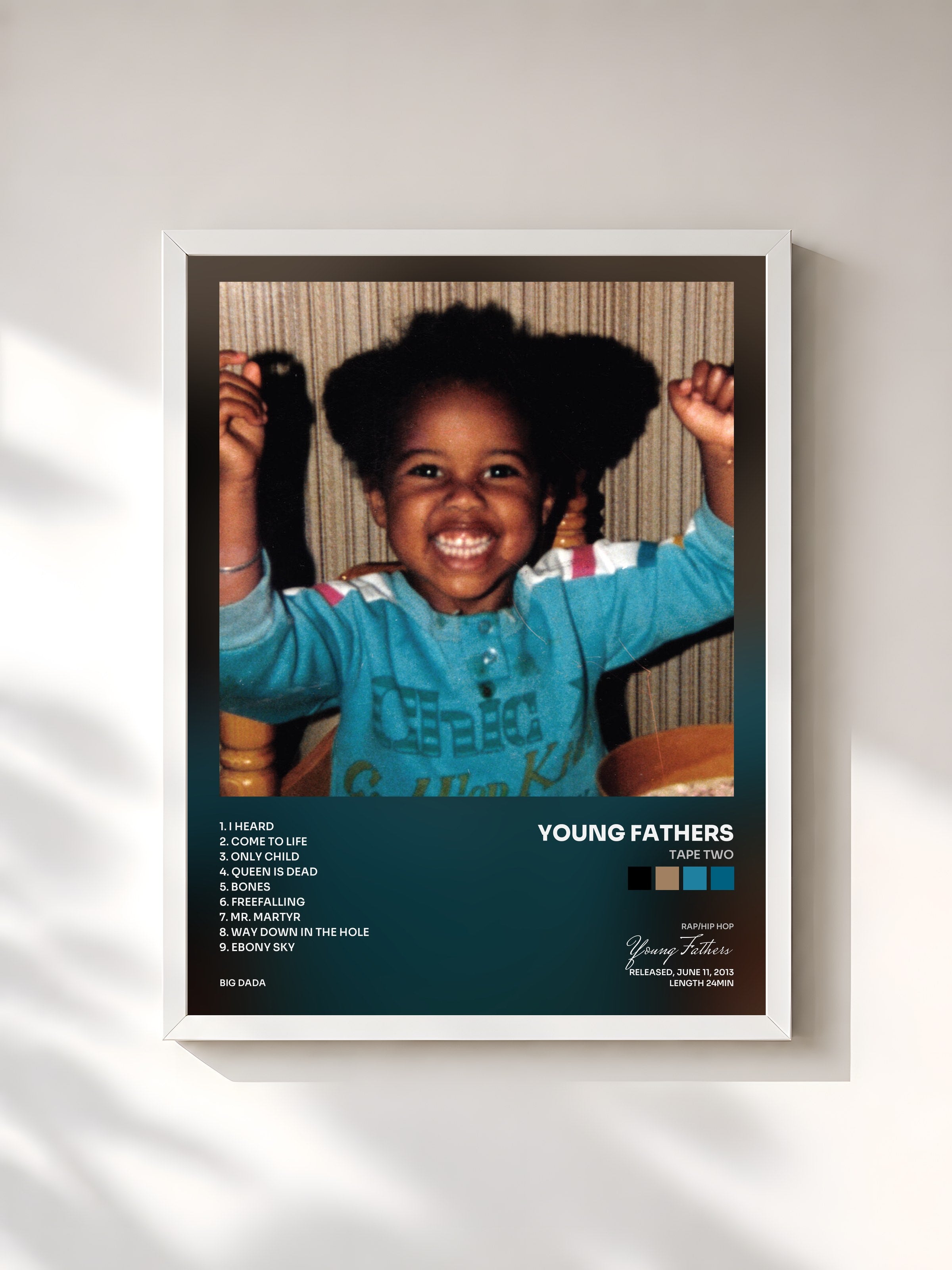 #blanc Tableau de l'album TAPE TWO de Young Fathers, cadre blanc, imprimé et encadré en France