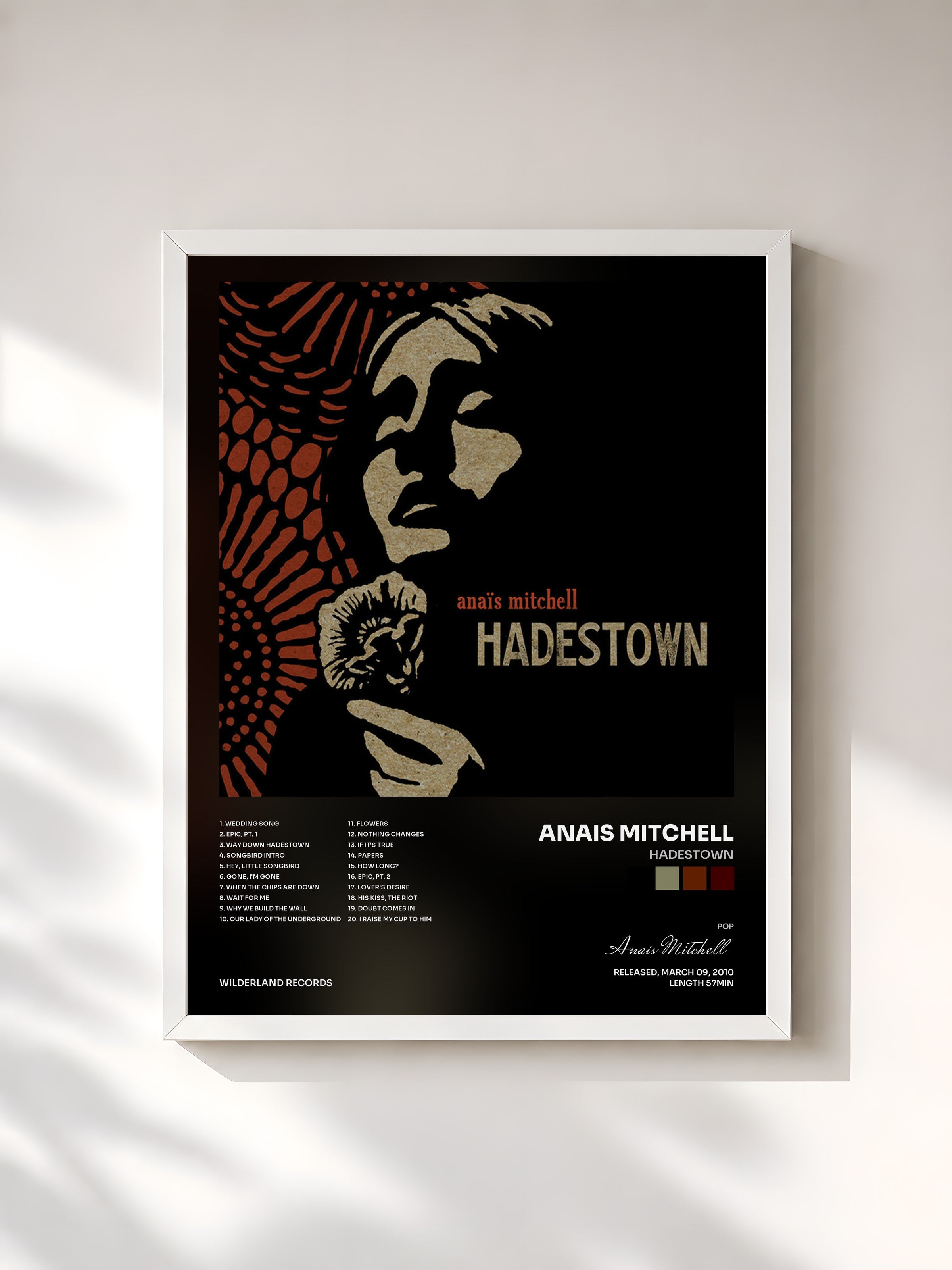 #blanc Tableau de l'album Hadestown de Anais Mitchell, cadre blanc, imprimé et encadré en France