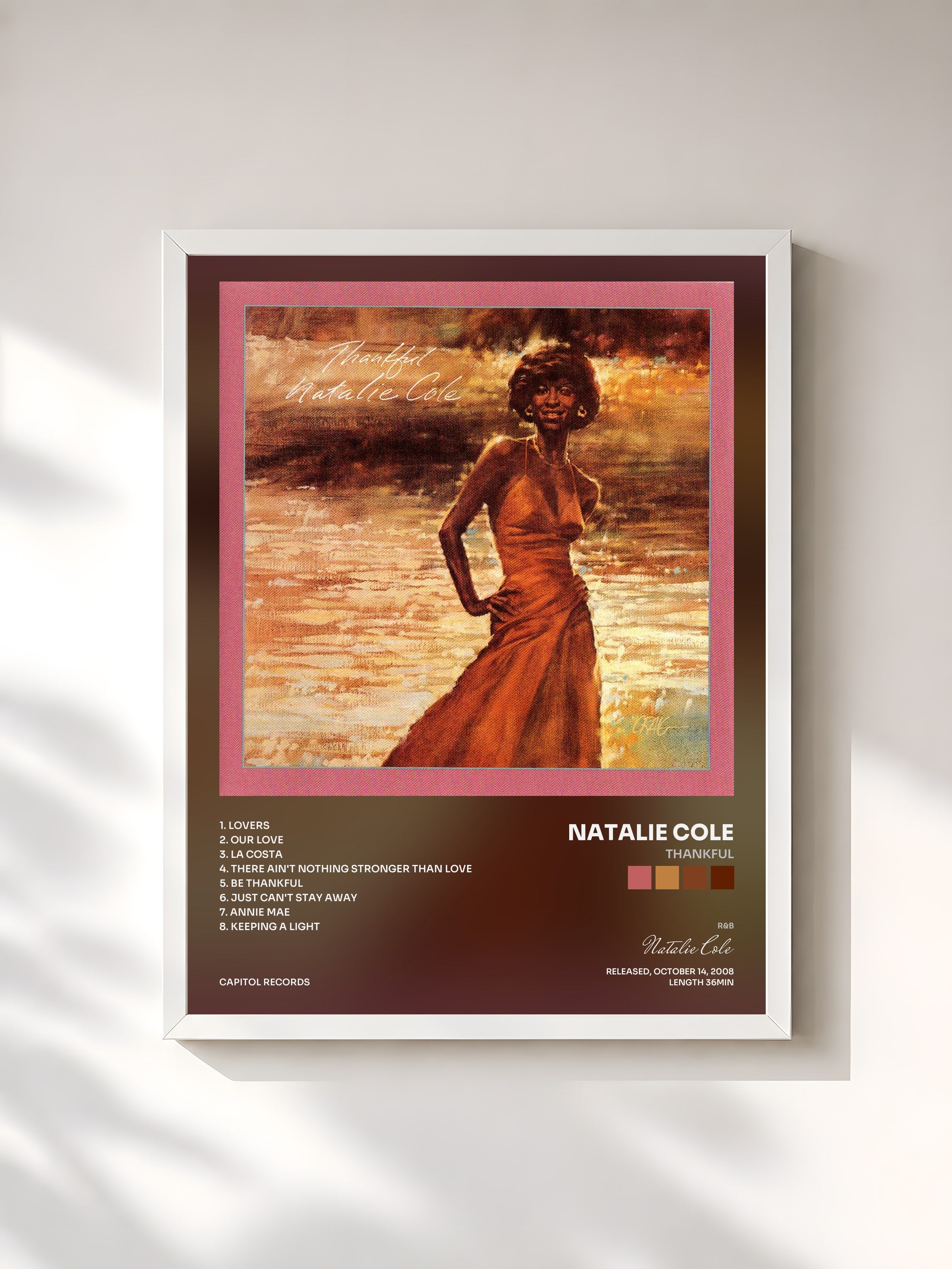 #blanc Tableau de l'album Thankful de Natalie Cole, cadre blanc, imprimé et encadré en France