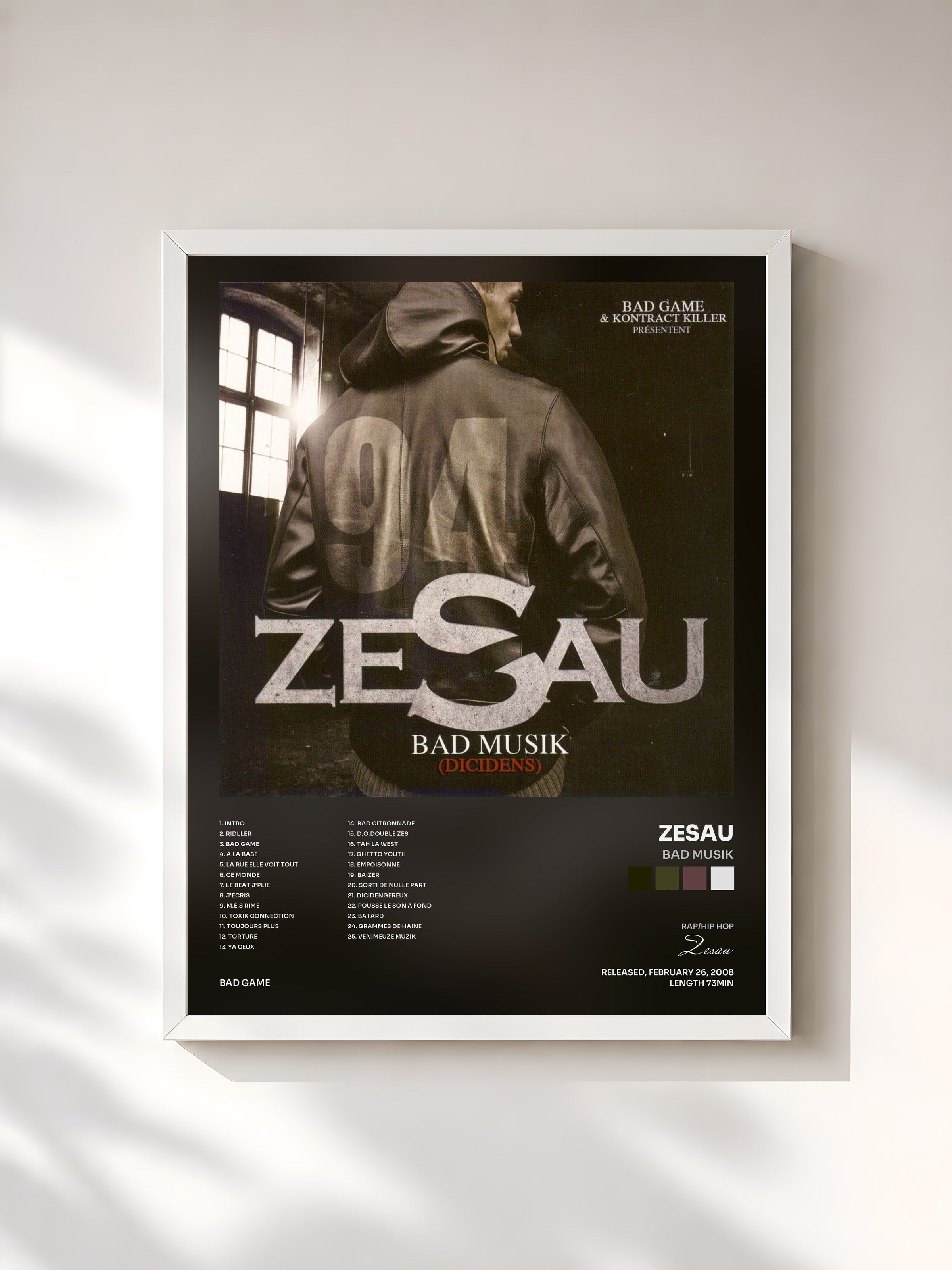 #blanc Tableau de l'album Bad Musik de Zesau, cadre blanc, imprimé et encadré en France