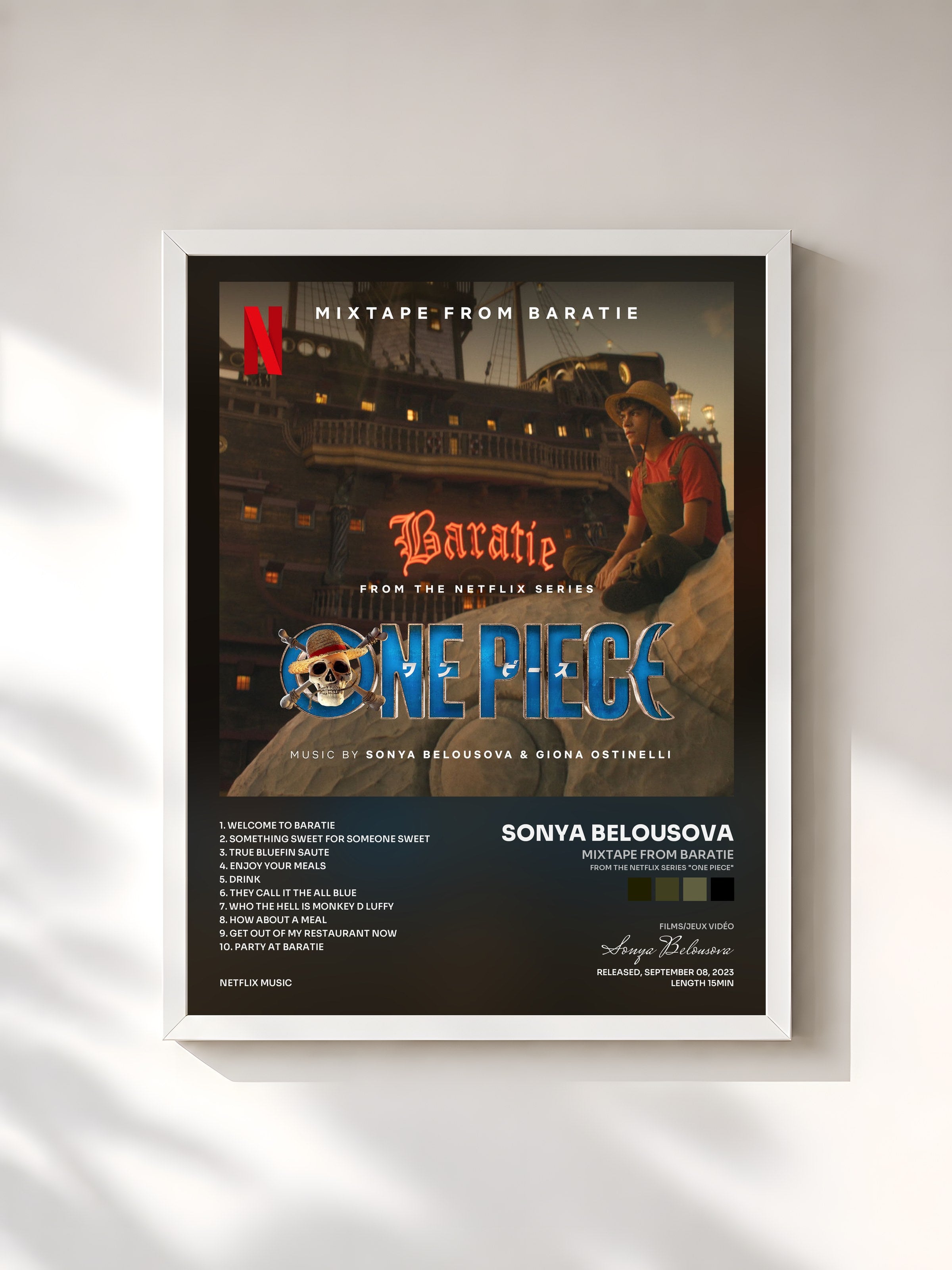 #blanc Tableau de l'album Mixtape from Baratie (from the Netflix Series "One Piece") de Sonya Belousova, cadre blanc, imprimé et encadré en France