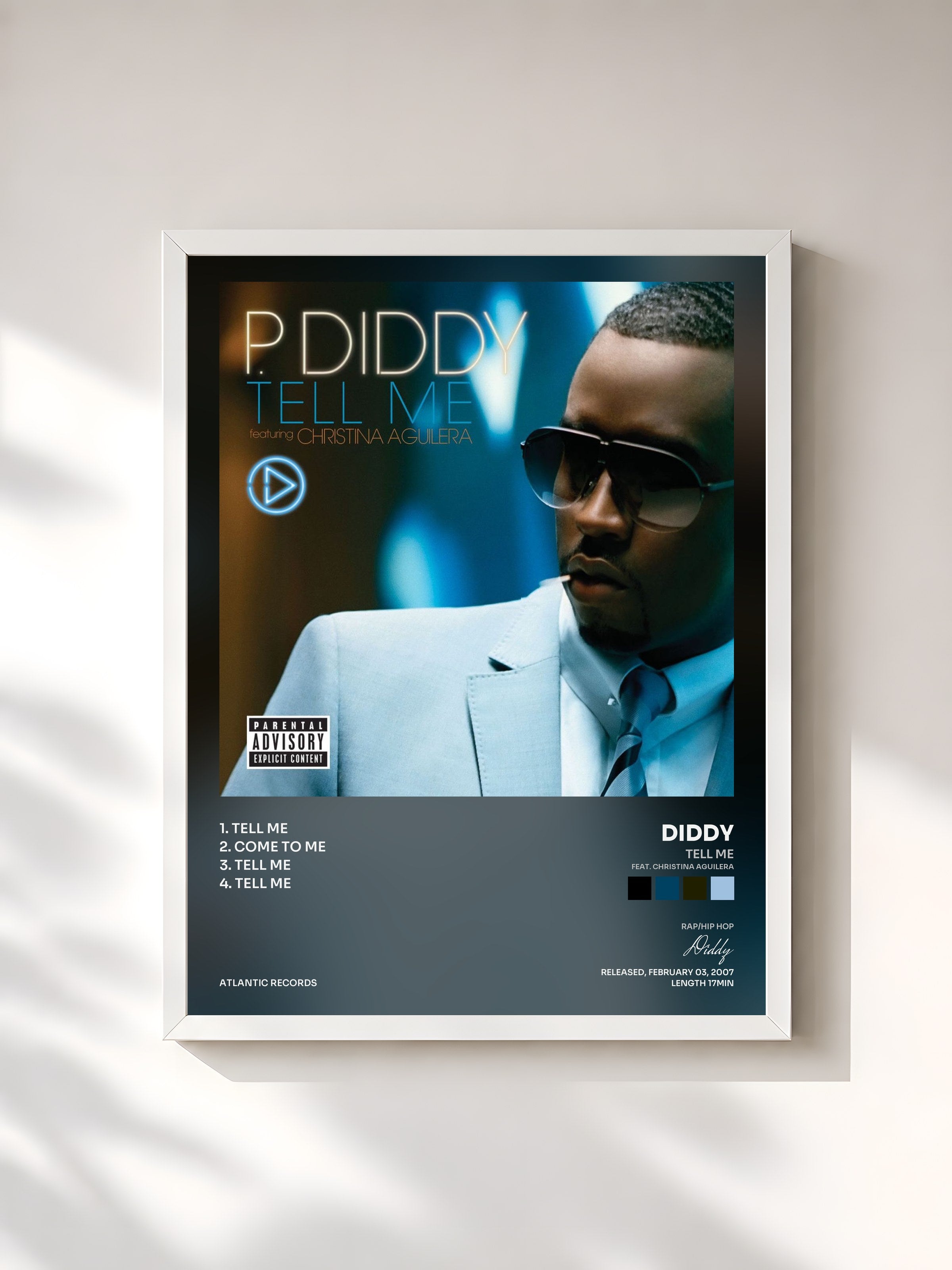 #blanc Tableau de l'album Tell Me (feat. Christina Aguilera) de Diddy, cadre blanc, imprimé et encadré en France