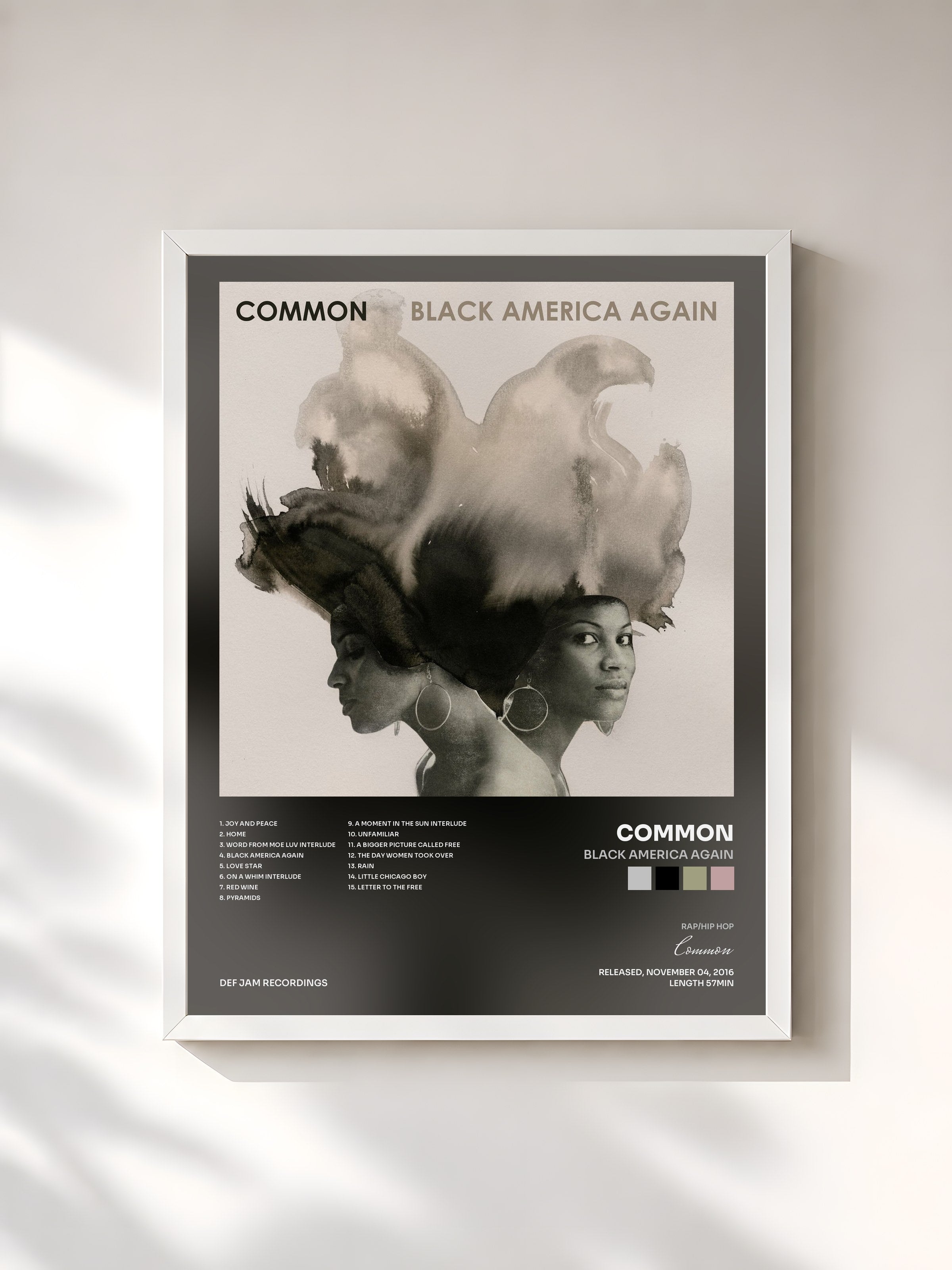 #blanc Tableau de l'album Black America Again de Common, cadre blanc, imprimé et encadré en France