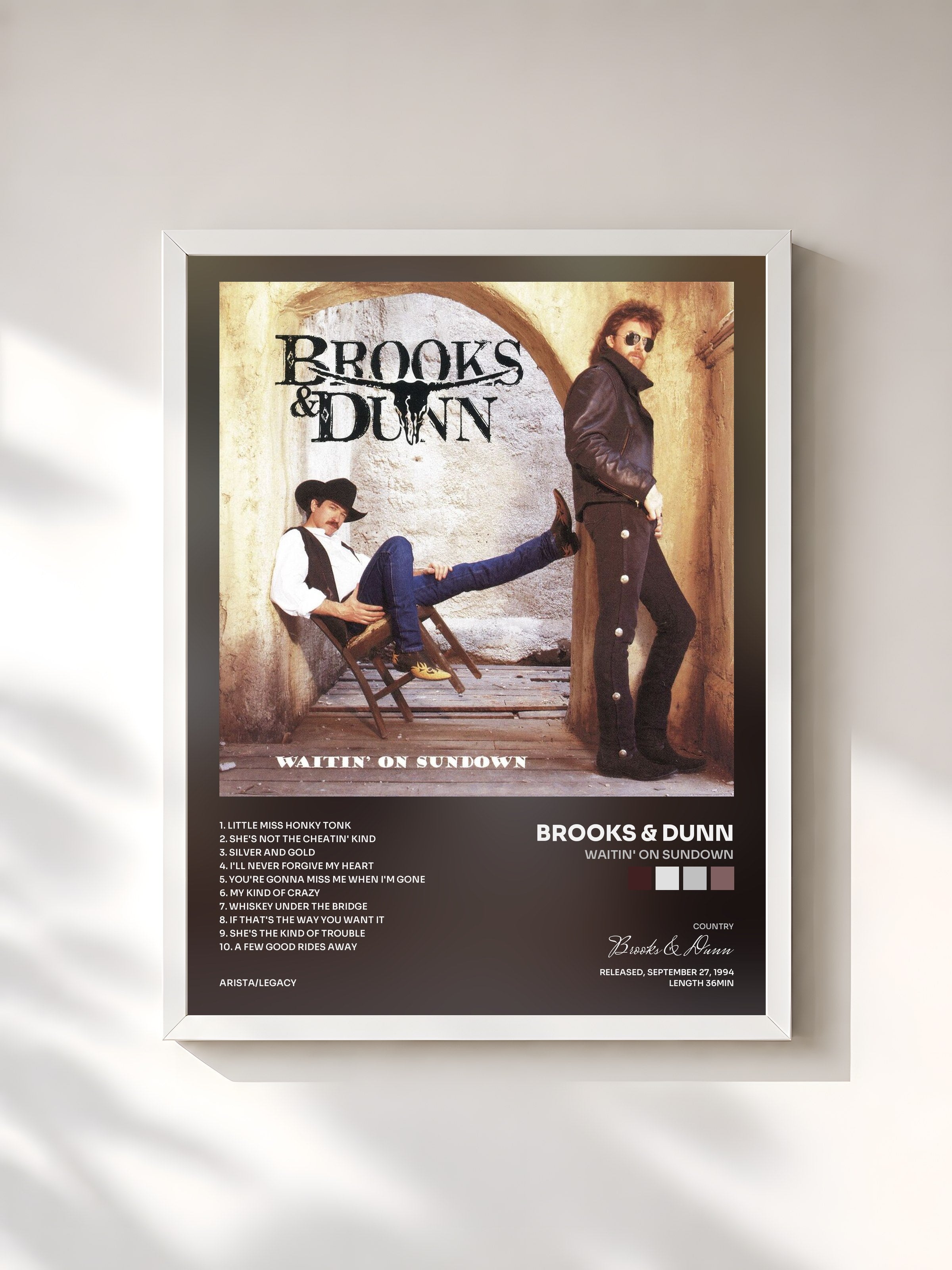 #blanc Tableau de l'album Waitin' On Sundown de Brooks & Dunn, cadre blanc, imprimé et encadré en France