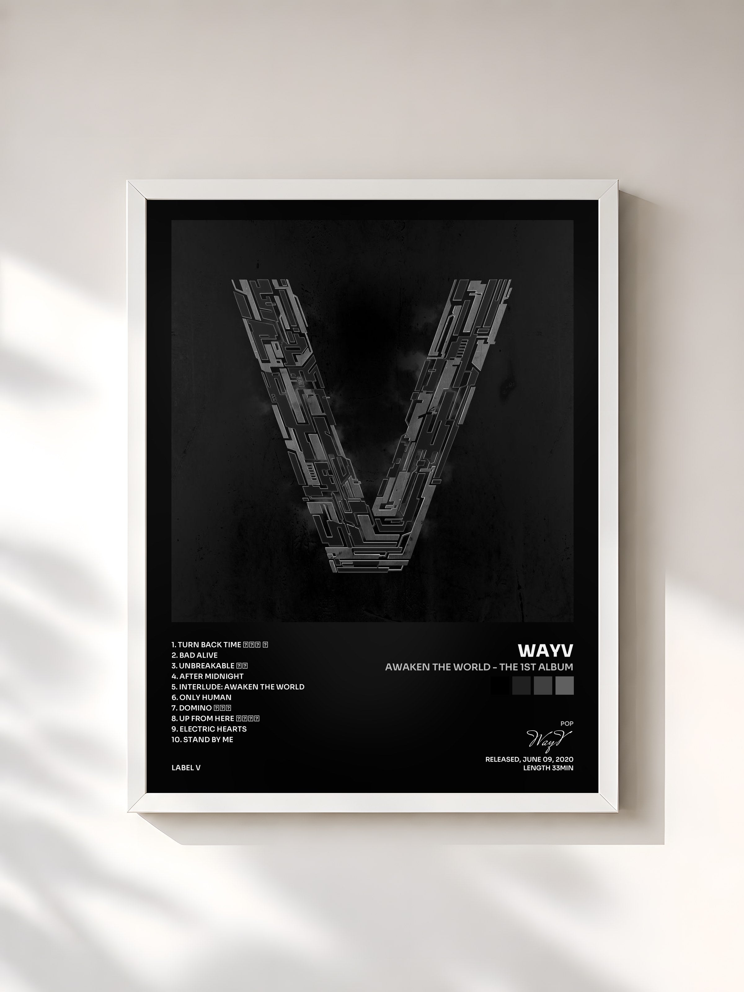 #blanc Tableau de l'album Awaken The World - The 1st Album de WayV, cadre blanc, imprimé et encadré en France