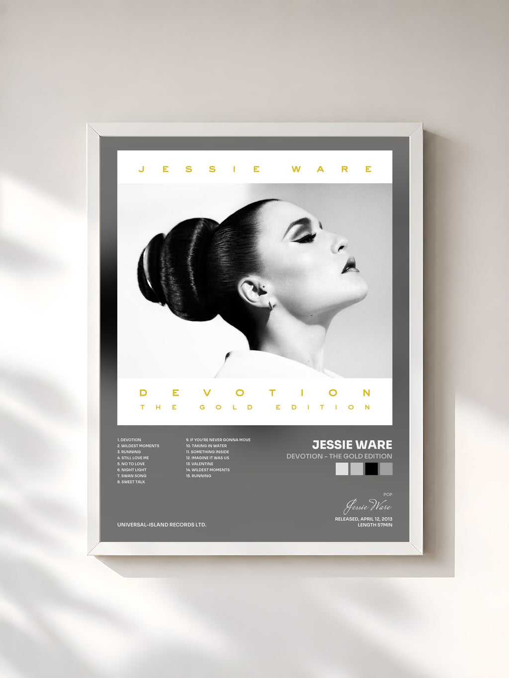 #blanc Tableau de l'album Devotion - The Gold Edition de Jessie Ware, cadre blanc, imprimé et encadré en France