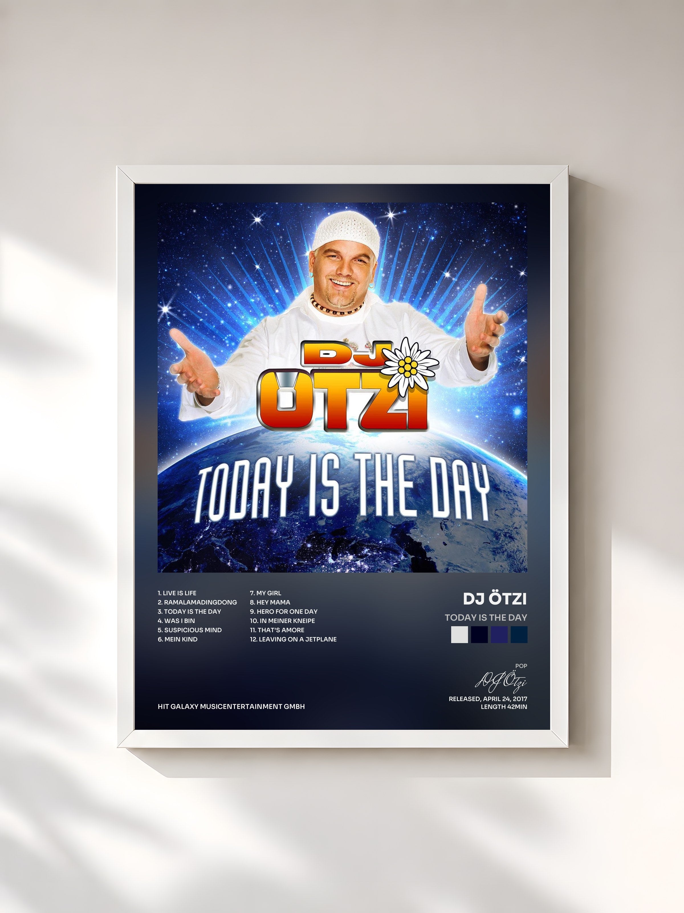 #blanc Tableau de l'album Today Is the Day de DJ Ötzi, cadre blanc, imprimé et encadré en France