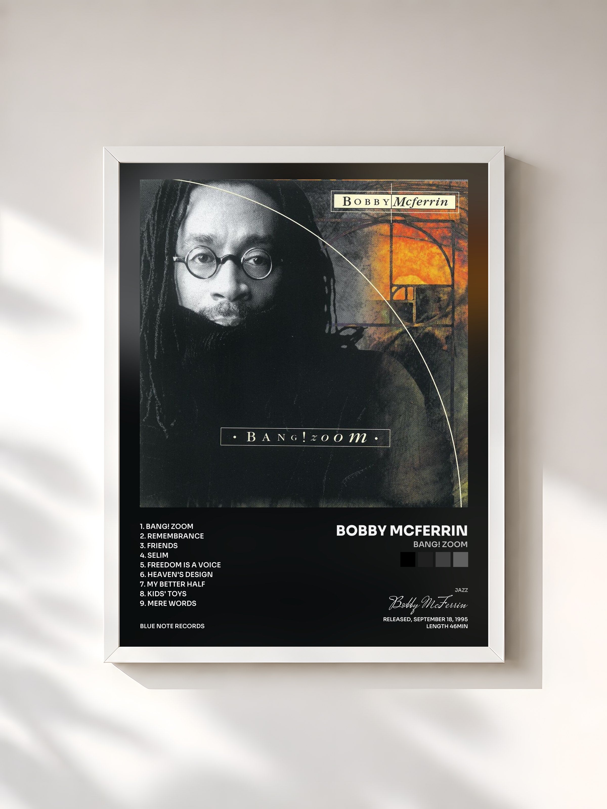#blanc Tableau de l'album Bang! Zoom de Bobby McFerrin, cadre blanc, imprimé et encadré en France