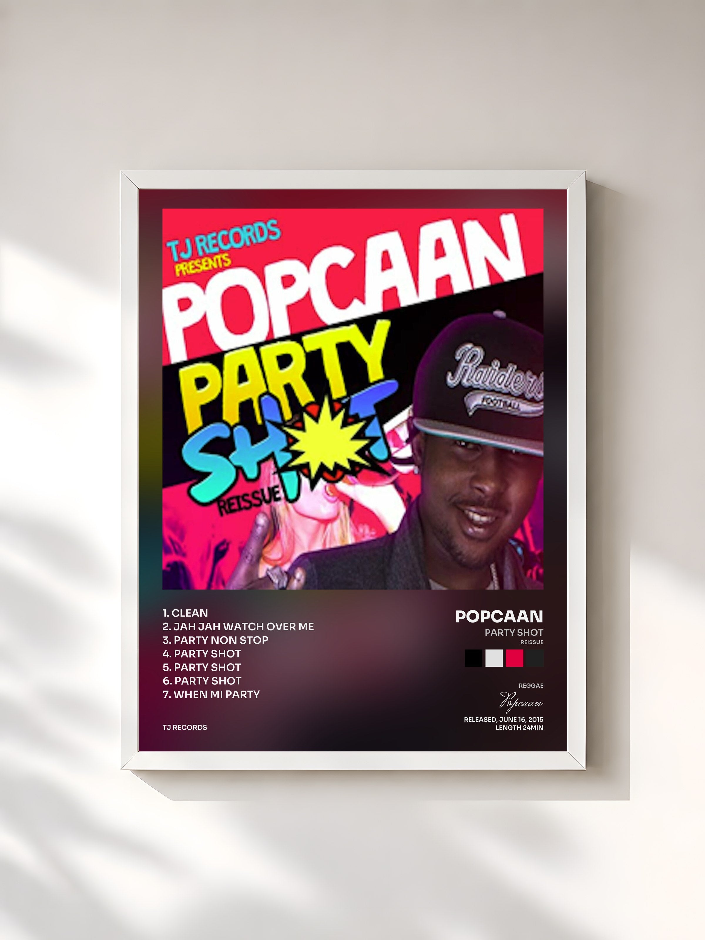 #blanc Tableau de l'album Party Shot (Reissue) de Popcaan, cadre blanc, imprimé et encadré en France