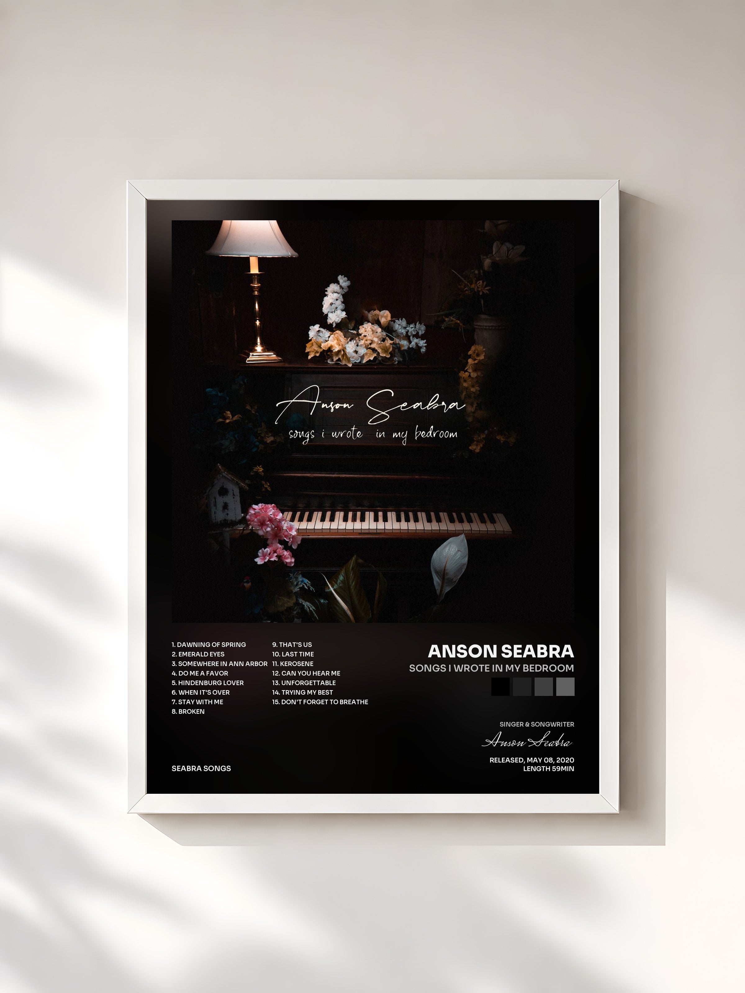 #blanc Tableau de l'album Songs I Wrote in My Bedroom de Anson Seabra, cadre blanc, imprimé et encadré en France