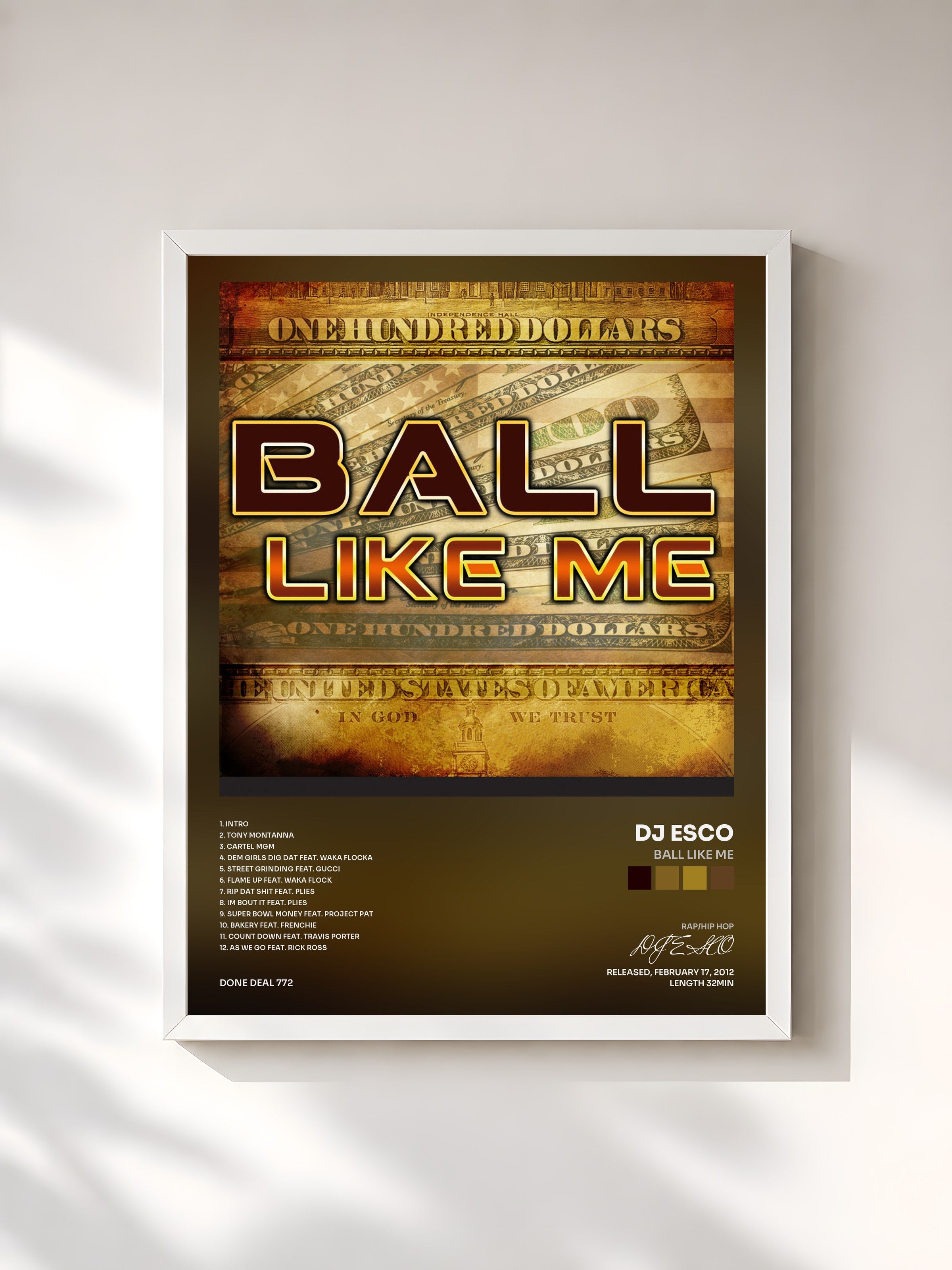 #blanc Tableau de l'album Ball like Me de DJ ESCO, cadre blanc, imprimé et encadré en France