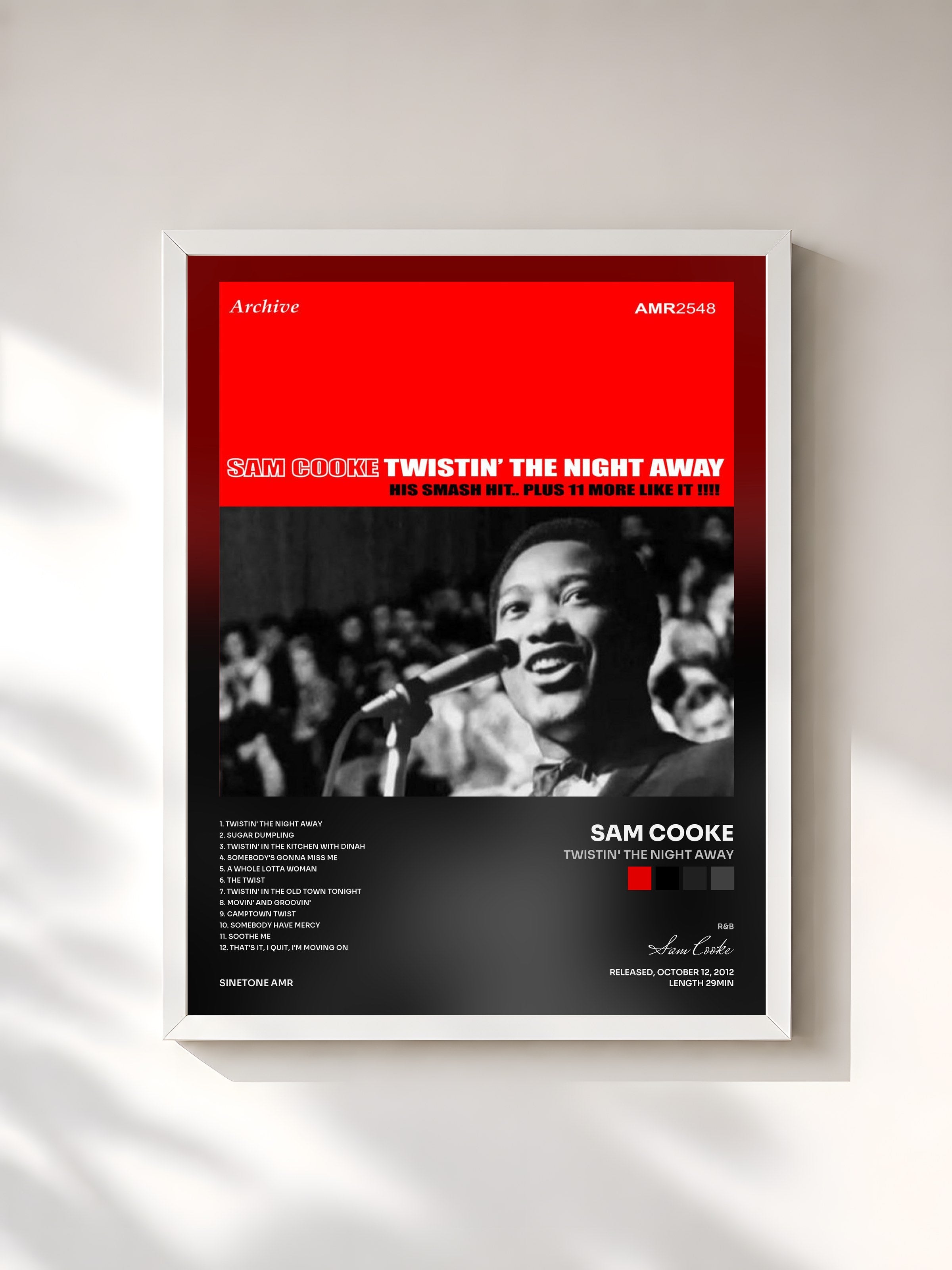 #blanc Tableau de l'album Twistin' the Night Away de Sam Cooke, cadre blanc, imprimé et encadré en France