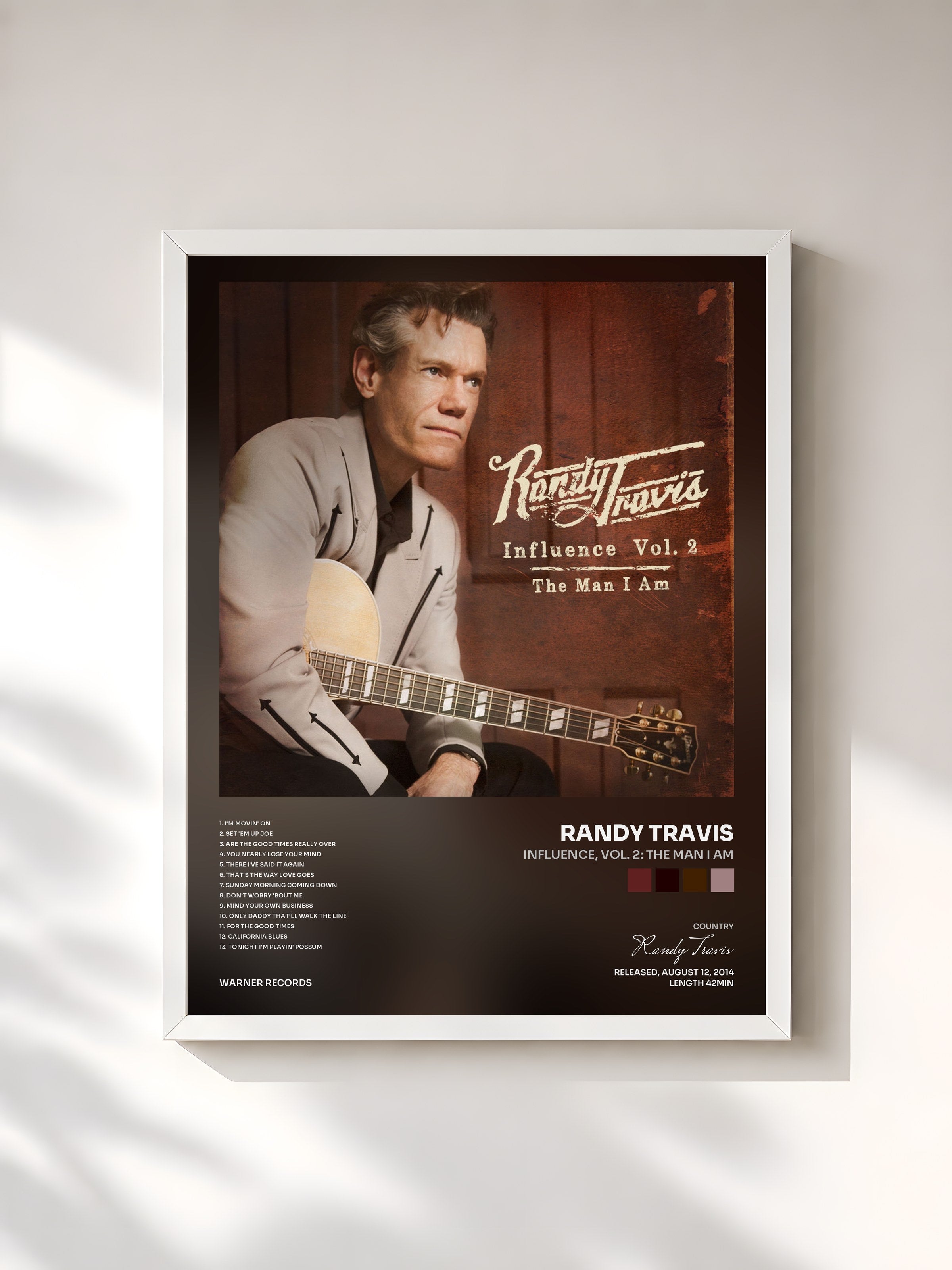 #blanc Tableau de l'album Influence, Vol. 2: The Man I Am de Randy Travis, cadre blanc, imprimé et encadré en France