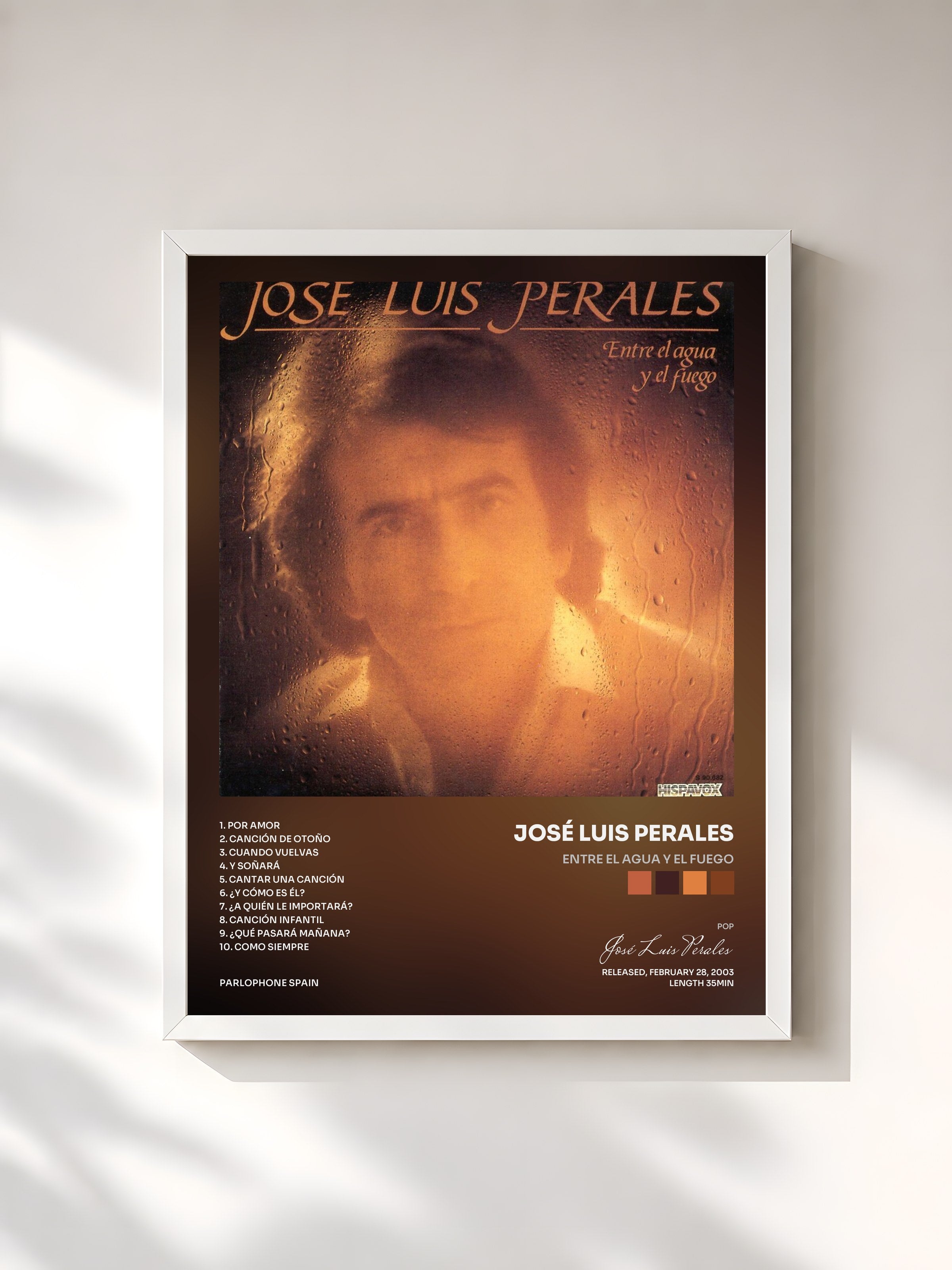#blanc Tableau de l'album Entre El Agua Y El Fuego de José Luis Perales, cadre blanc, imprimé et encadré en France