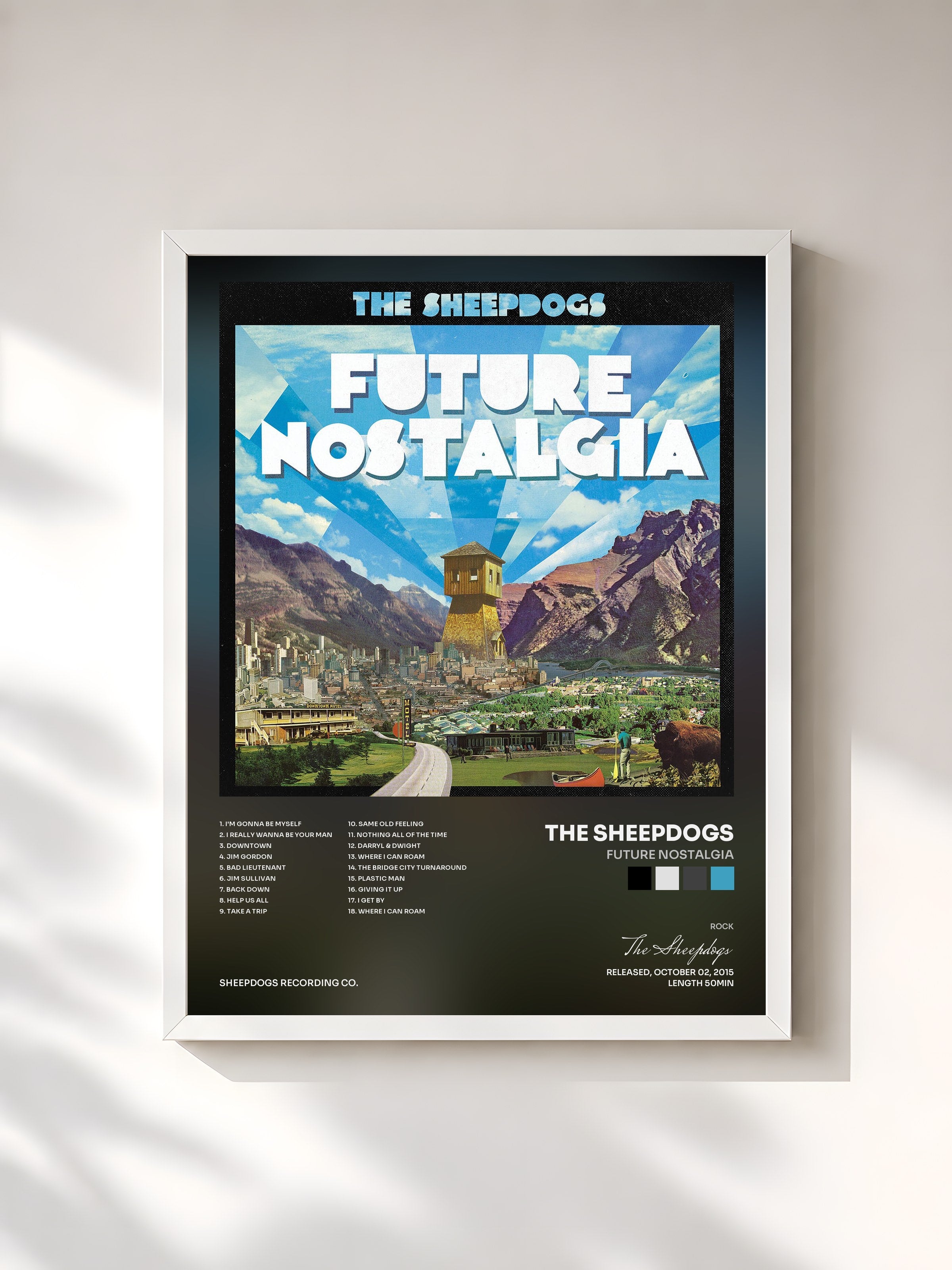 #blanc Tableau de l'album Future Nostalgia de The Sheepdogs, cadre blanc, imprimé et encadré en France