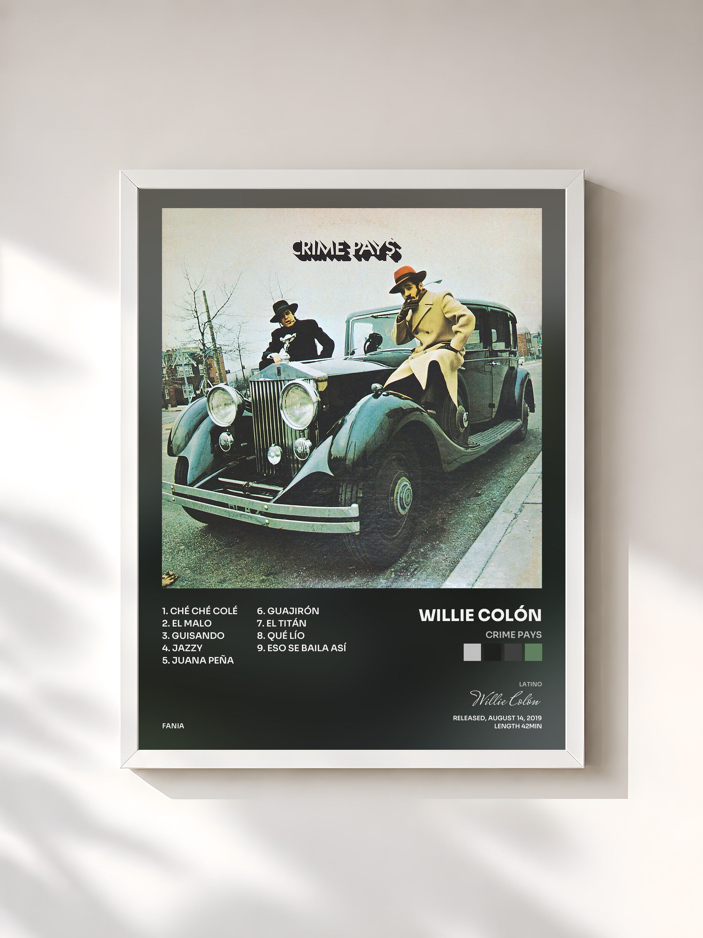 #blanc Tableau de l'album Crime Pays de Willie Colón, cadre blanc, imprimé et encadré en France
