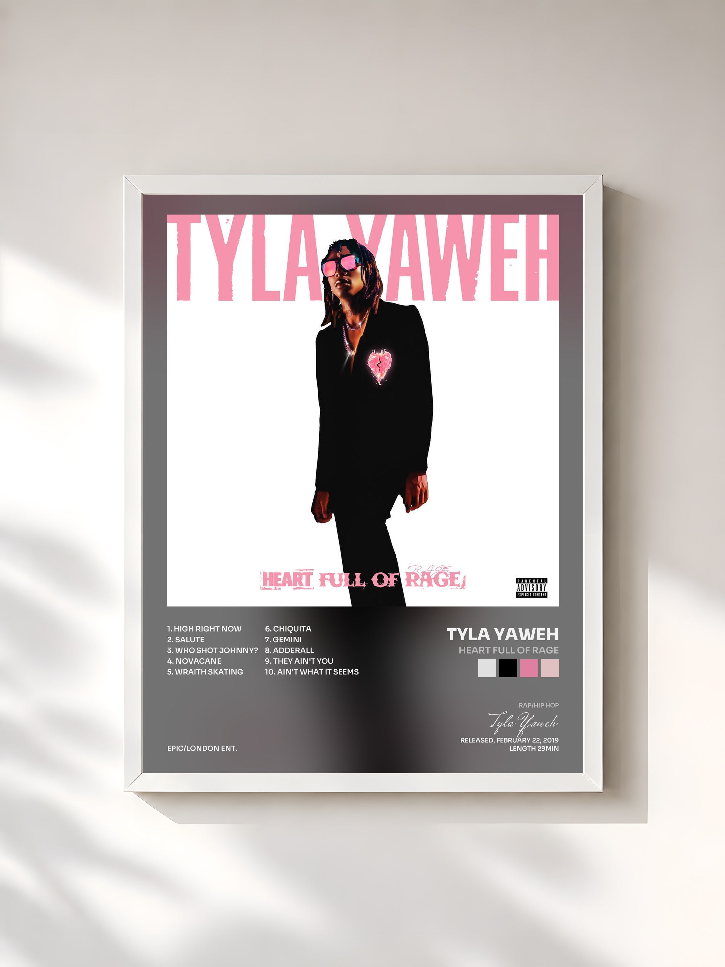 #blanc Tableau de l'album Heart Full of Rage de Tyla Yaweh, cadre blanc, imprimé et encadré en France
