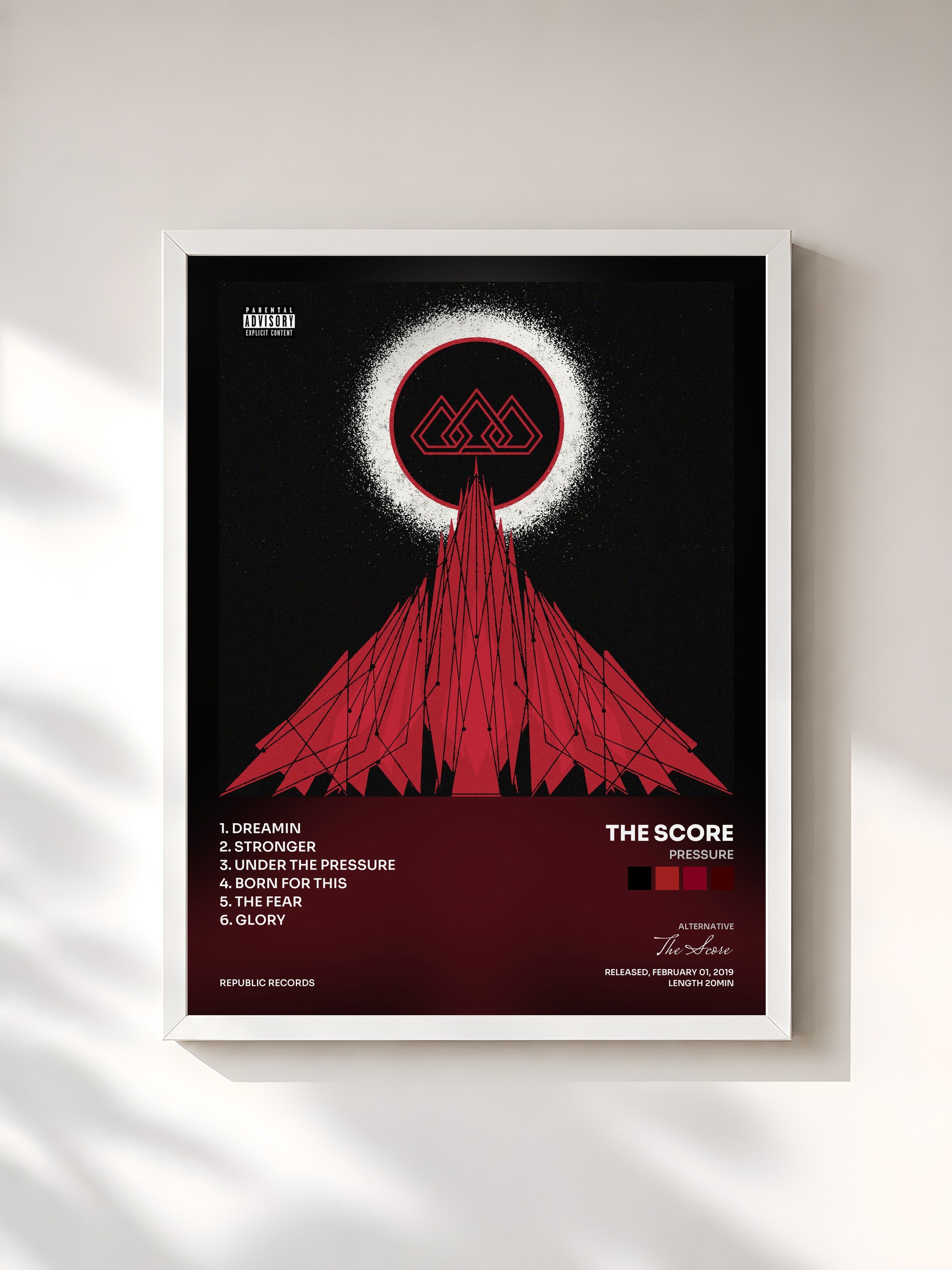 #blanc Tableau de l'album Pressure de The Score, cadre blanc, imprimé et encadré en France