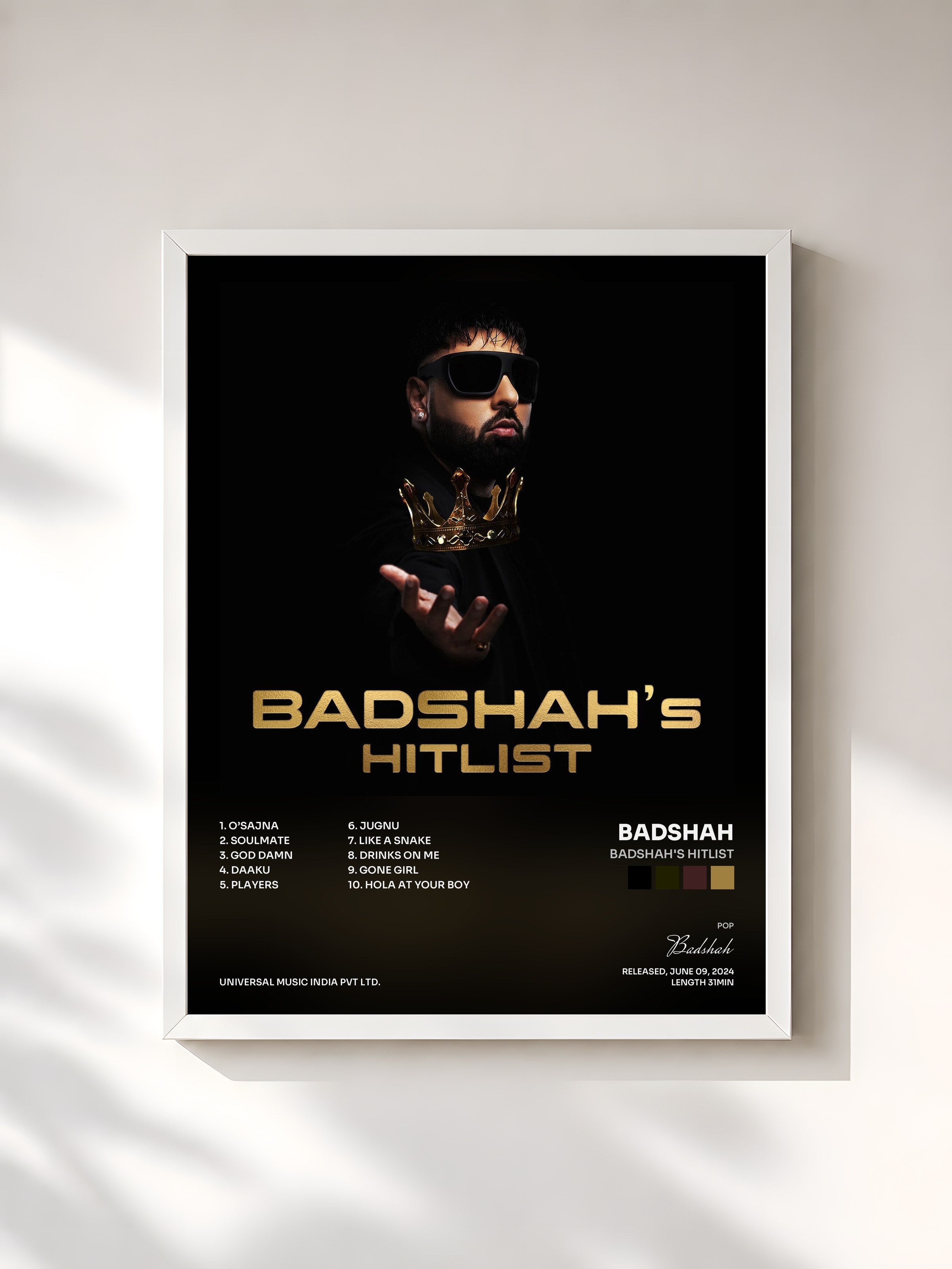 #blanc Tableau de l'album BADSHAH's HITLIST de Badshah, cadre blanc, imprimé et encadré en France