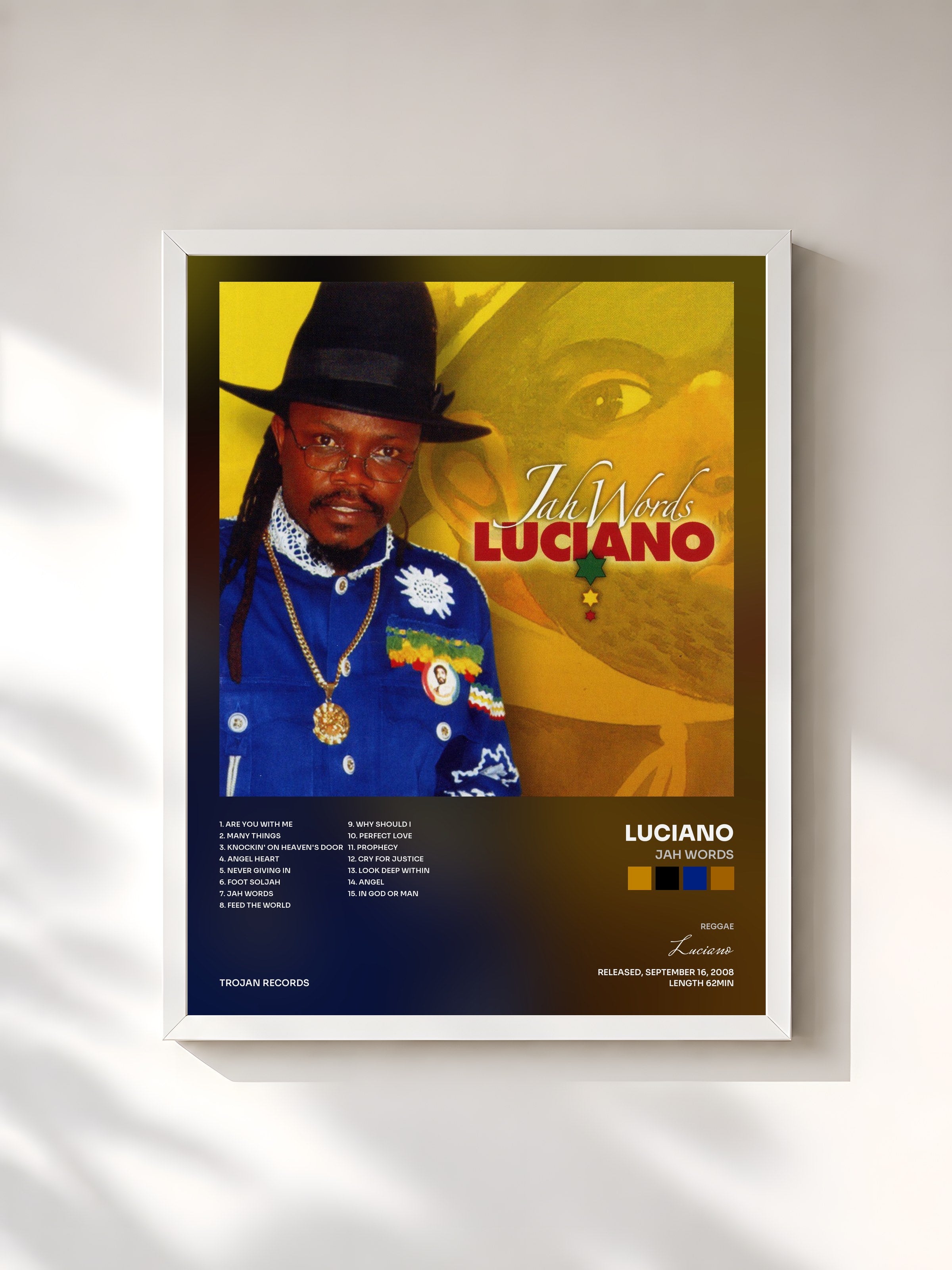 #blanc Tableau de l'album Jah Words de Luciano, cadre blanc, imprimé et encadré en France