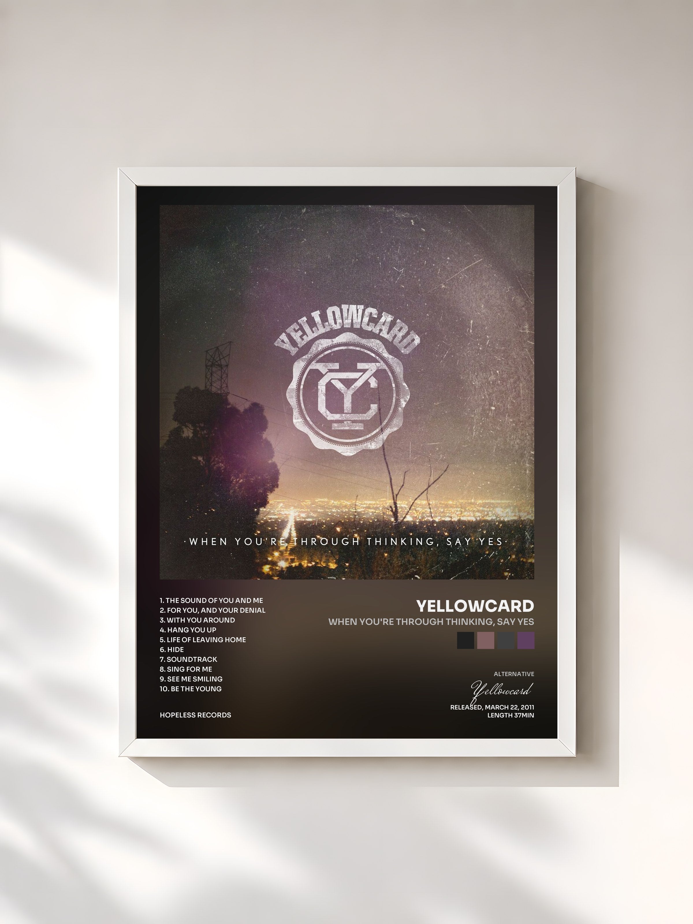 #blanc Tableau de l'album When You're Through Thinking, Say Yes de Yellowcard, cadre blanc, imprimé et encadré en France