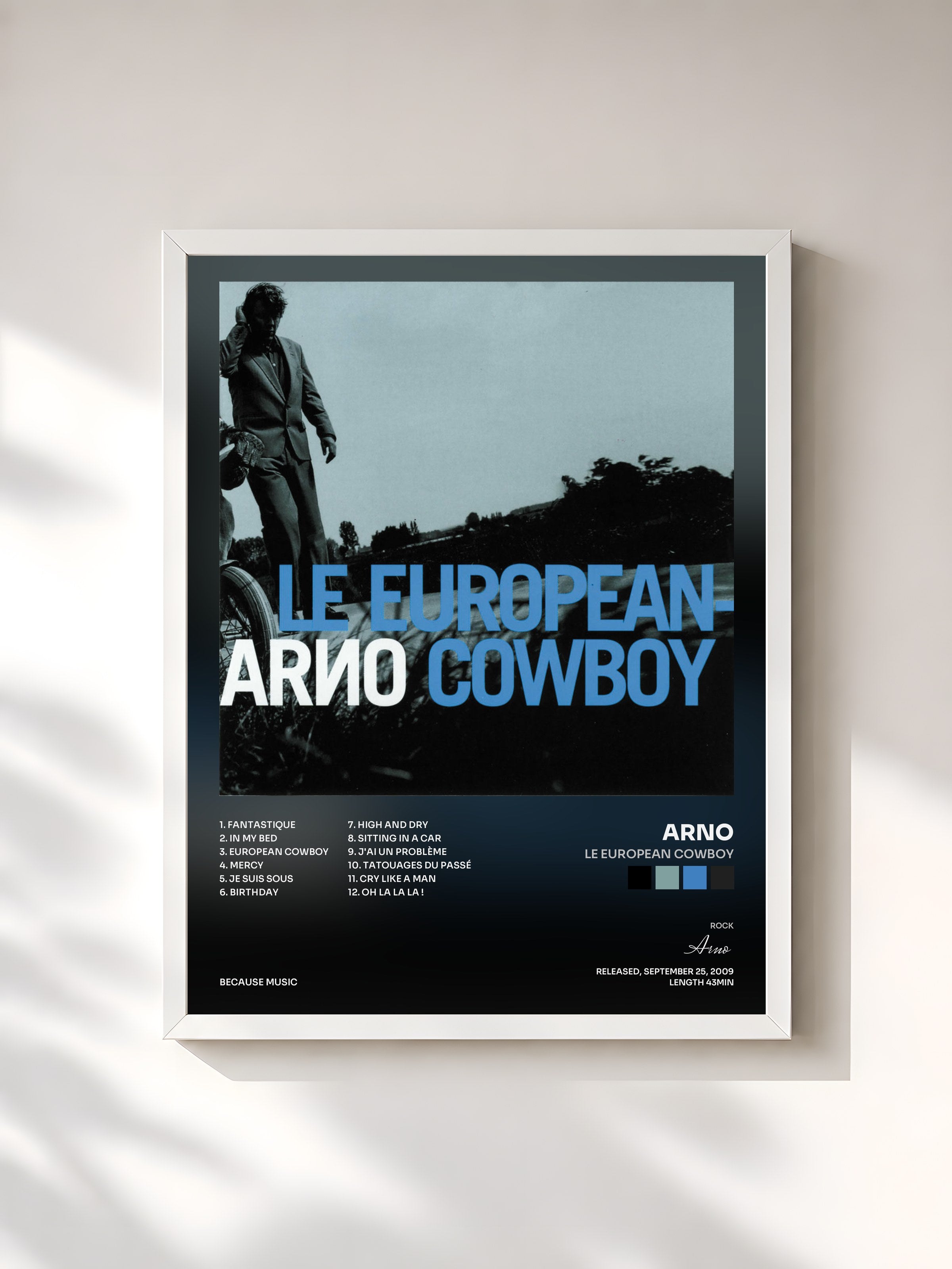 #blanc Tableau de l'album Le European Cowboy de Arno, cadre blanc, imprimé et encadré en France