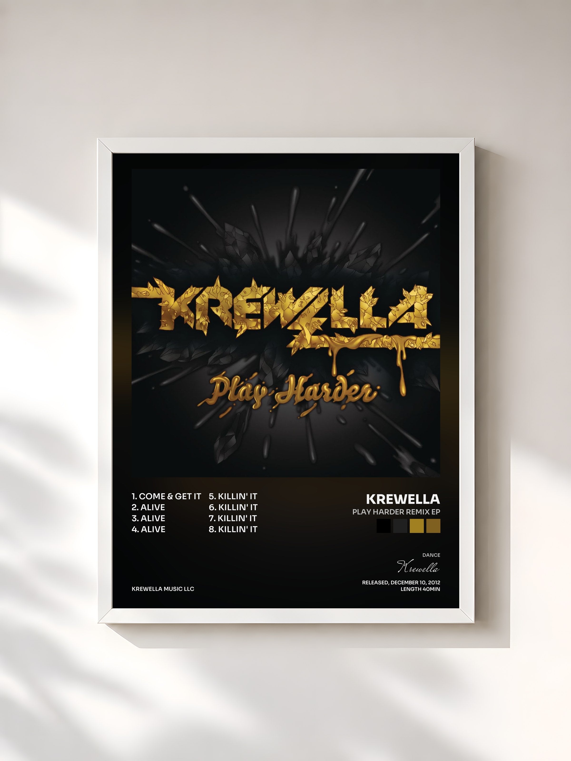#blanc Tableau de l'album PLAY HARDER REMIX EP de Krewella, cadre blanc, imprimé et encadré en France