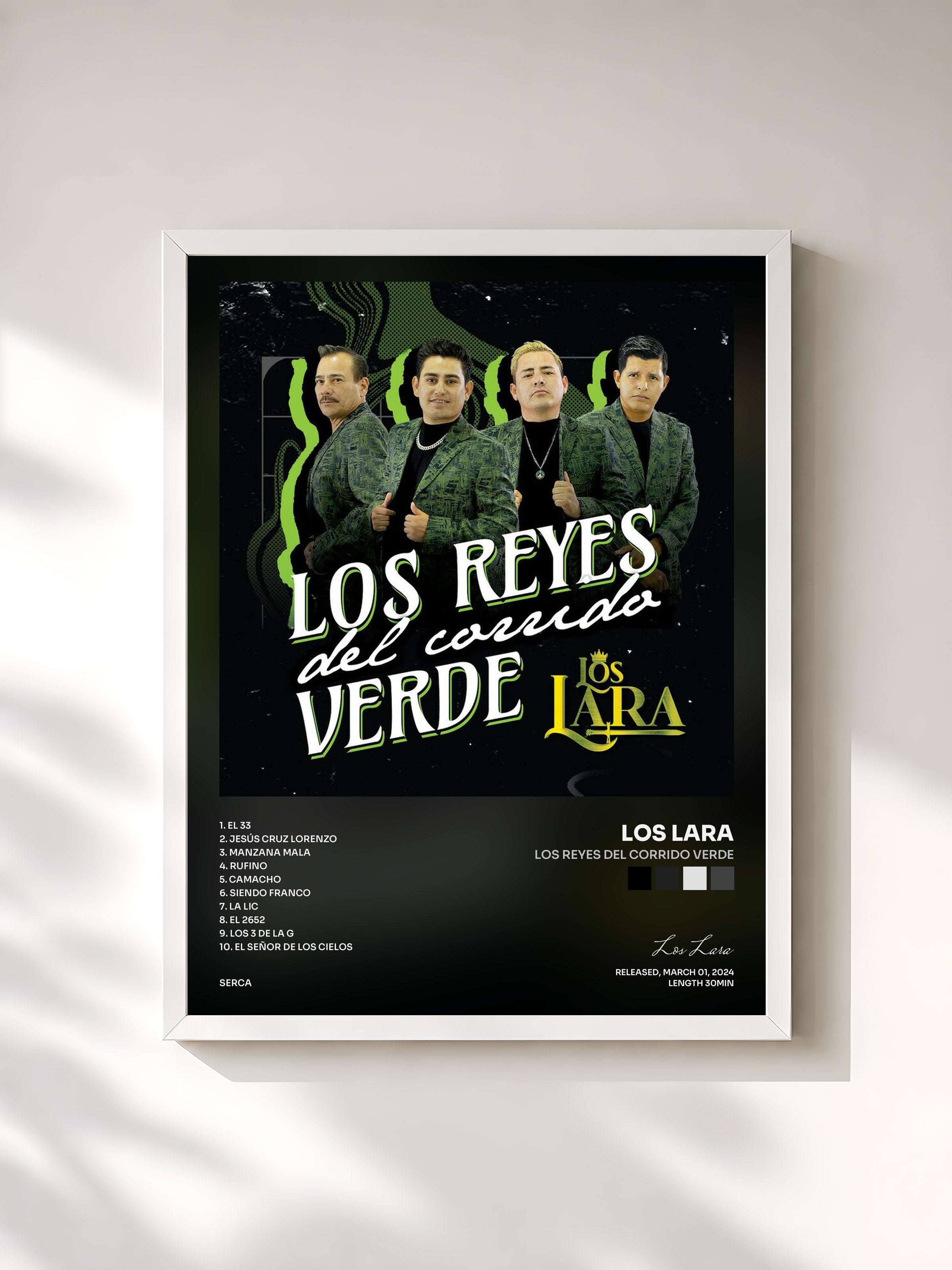 #blanc Tableau de l'album Los Reyes Del Corrido Verde de Los Lara, cadre blanc, imprimé et encadré en France