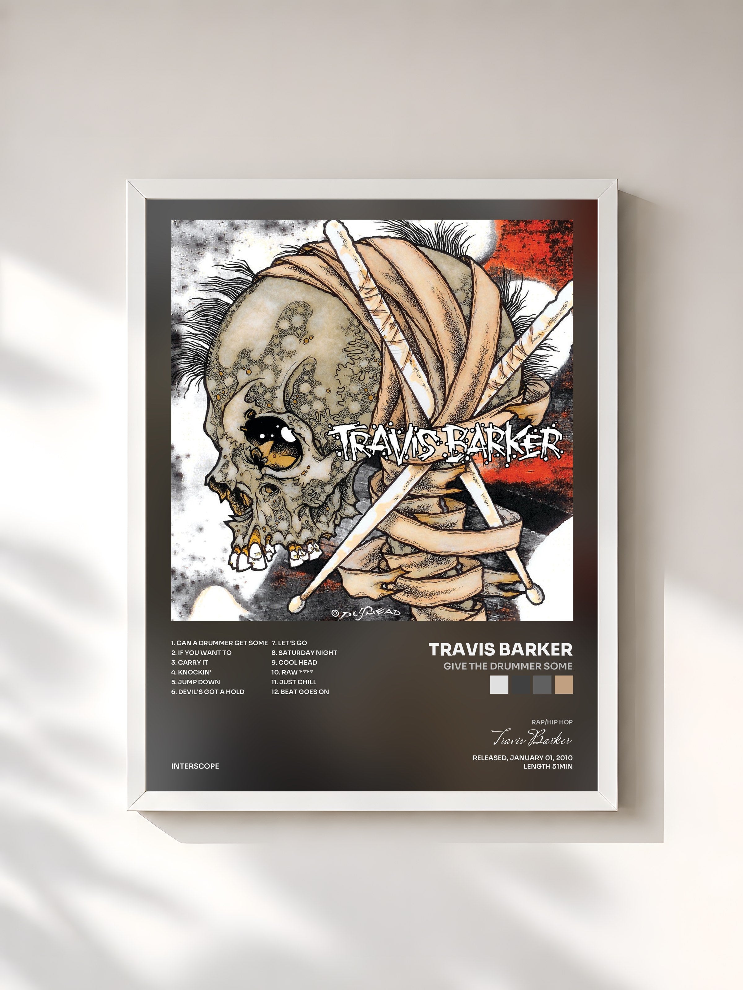 #blanc Tableau de l'album Give The Drummer Some de Travis Barker, cadre blanc, imprimé et encadré en France