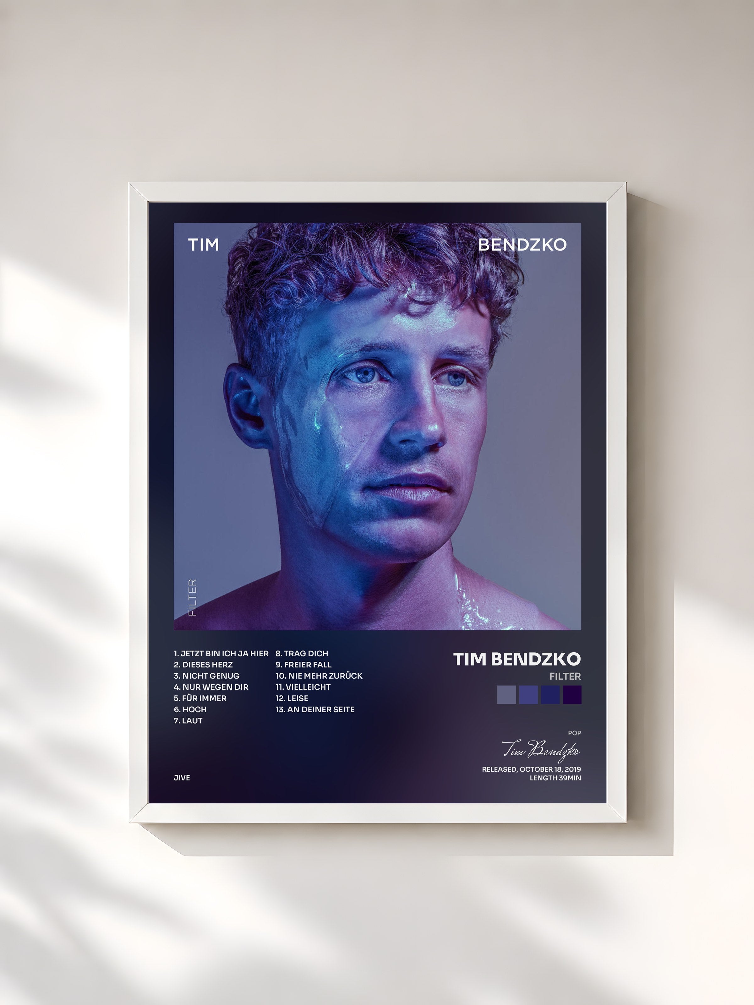 #blanc Tableau de l'album FILTER de Tim Bendzko, cadre blanc, imprimé et encadré en France