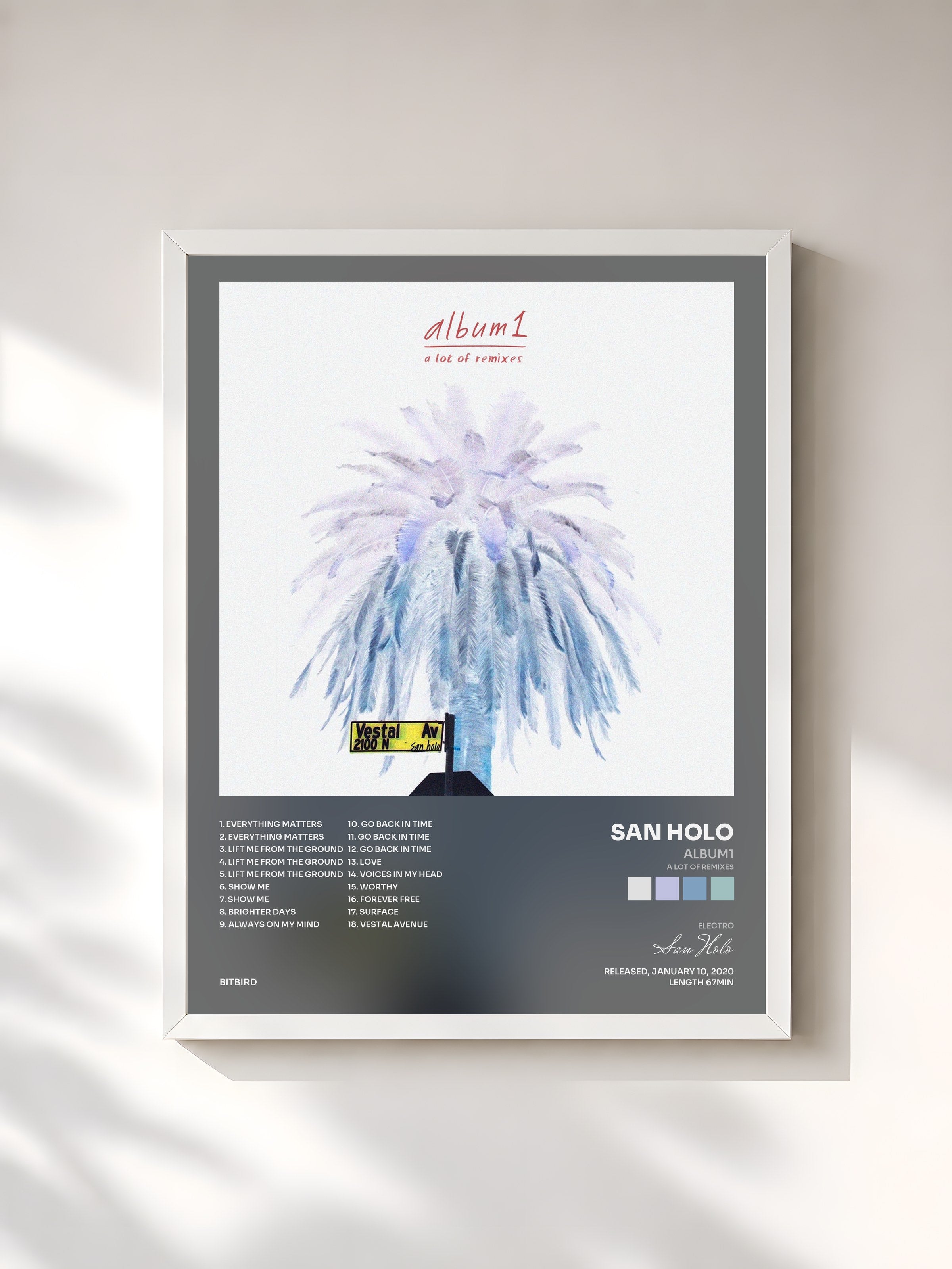 #blanc Tableau de l'album album1 (a lot of remixes) de San Holo, cadre blanc, imprimé et encadré en France